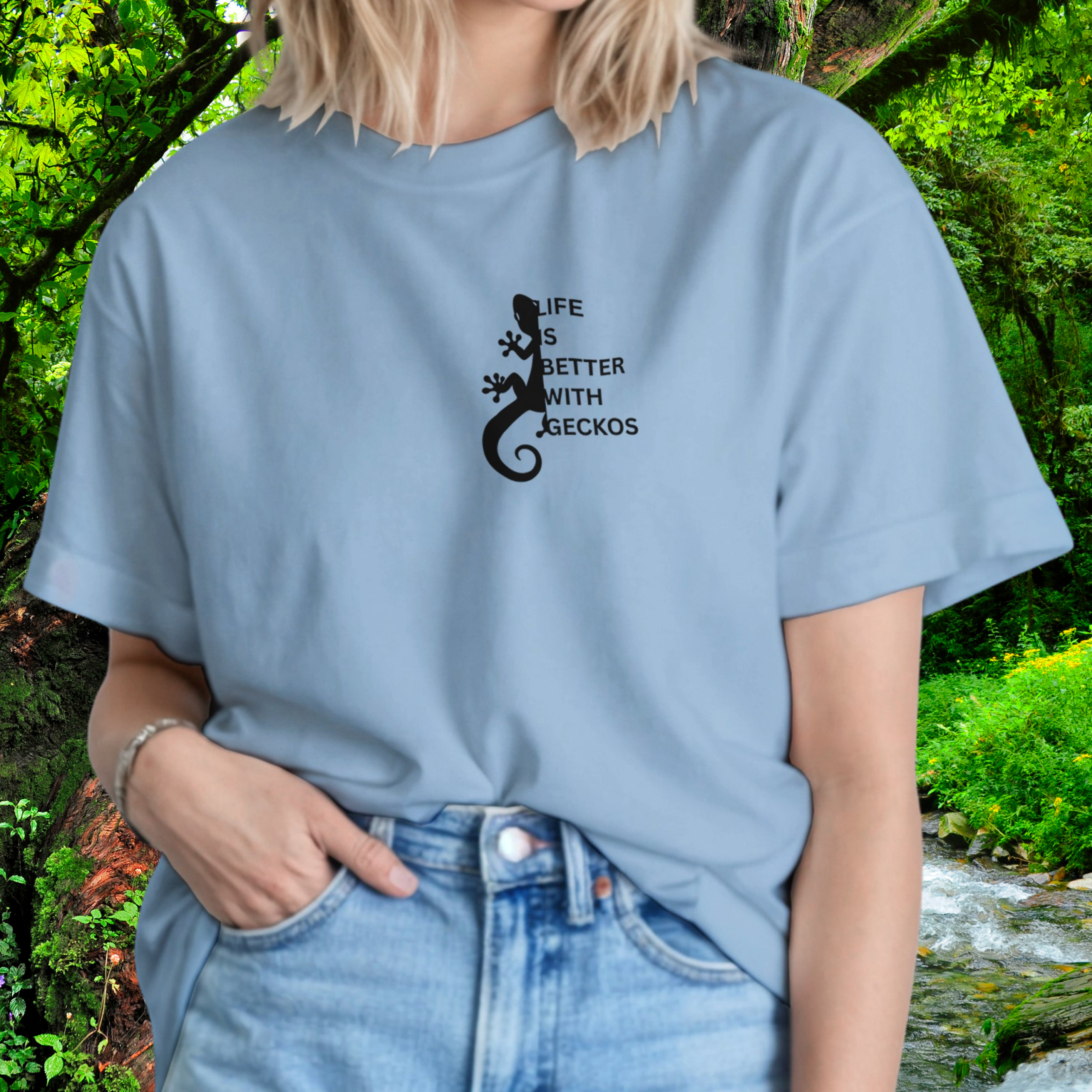 Woman wearing a light blue Gecko shirt from the Life is better Collection