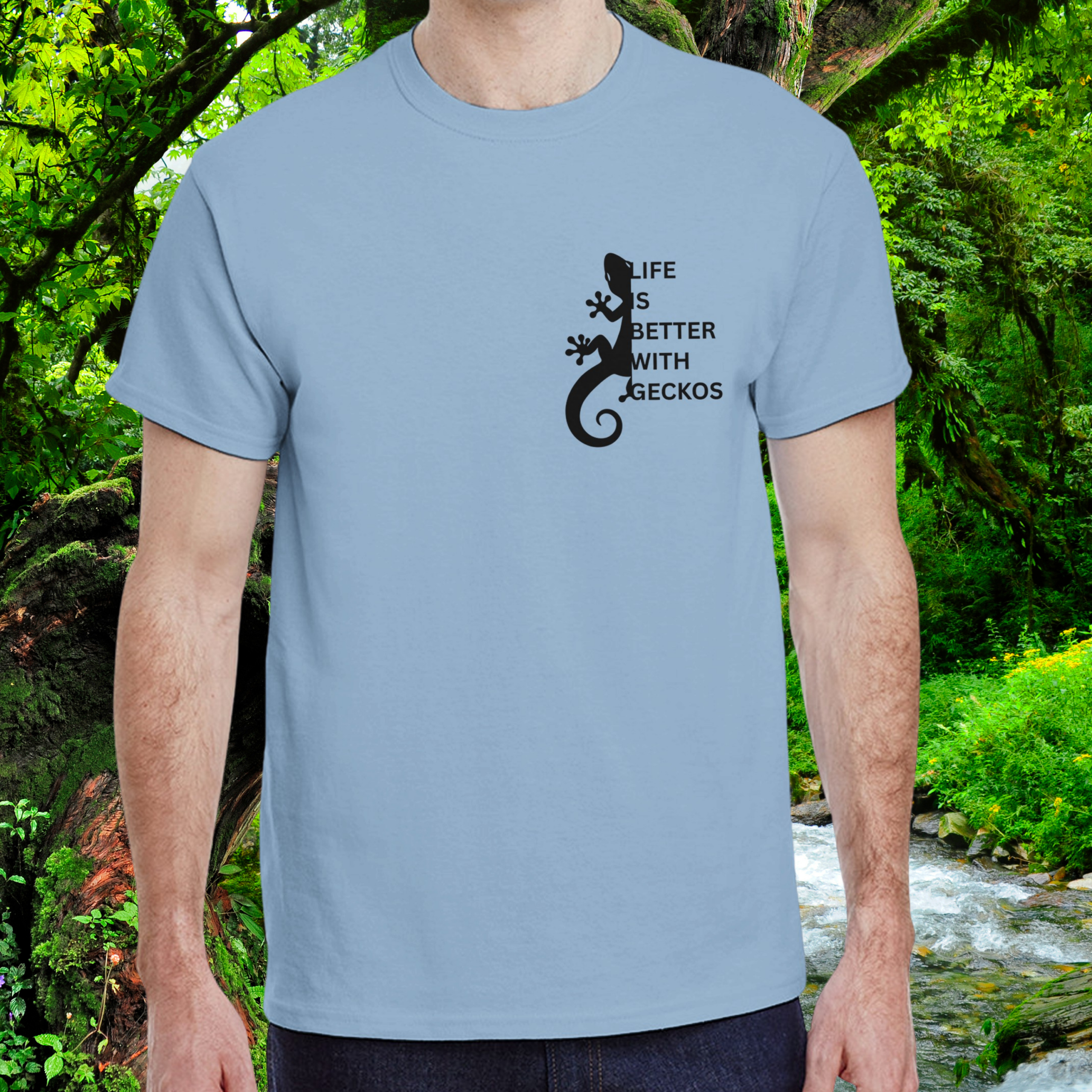 Man wearing a light blue Gecko shirt from the Life is better Collection