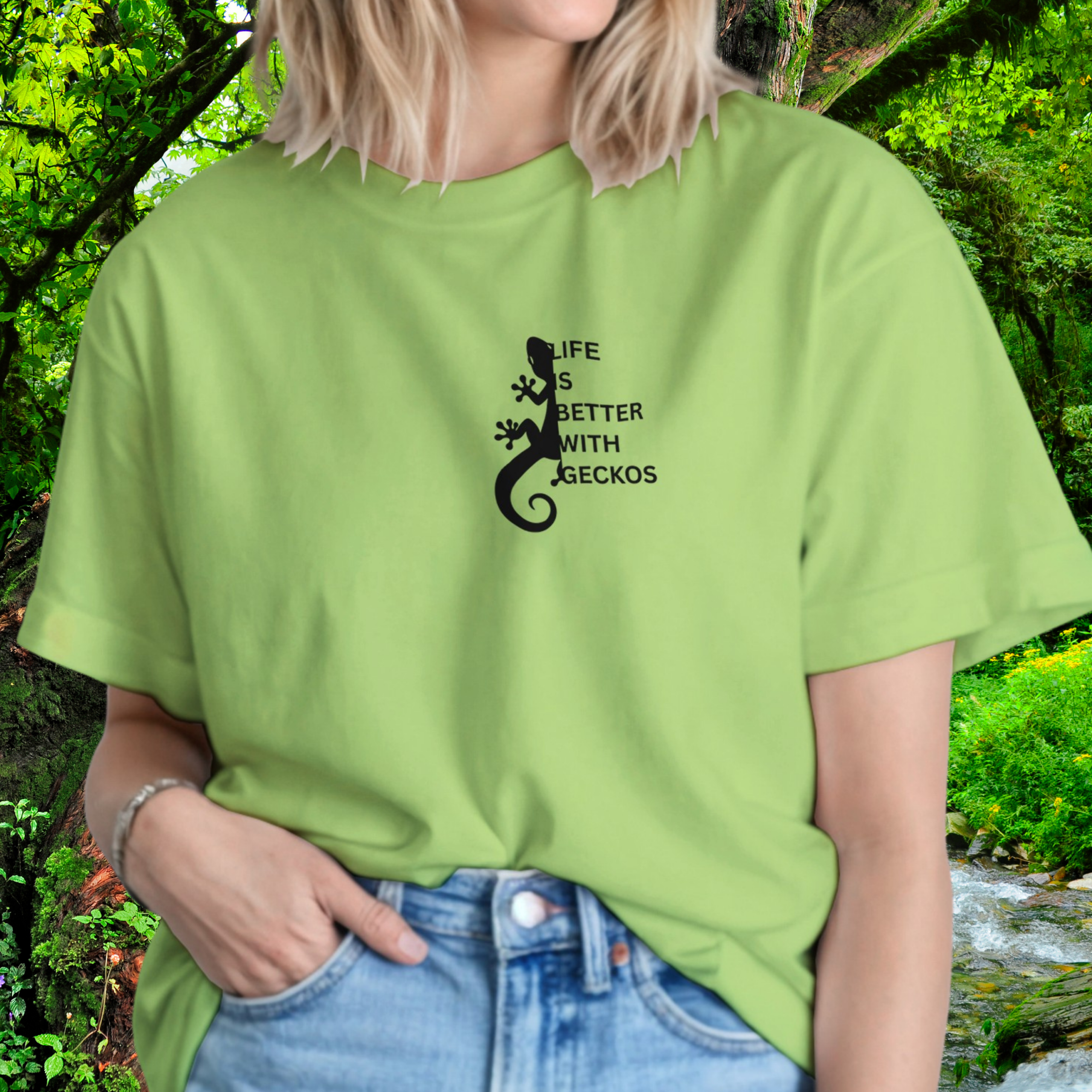 Woman wearing a kiwi Gecko shirt from the Life is better Collection