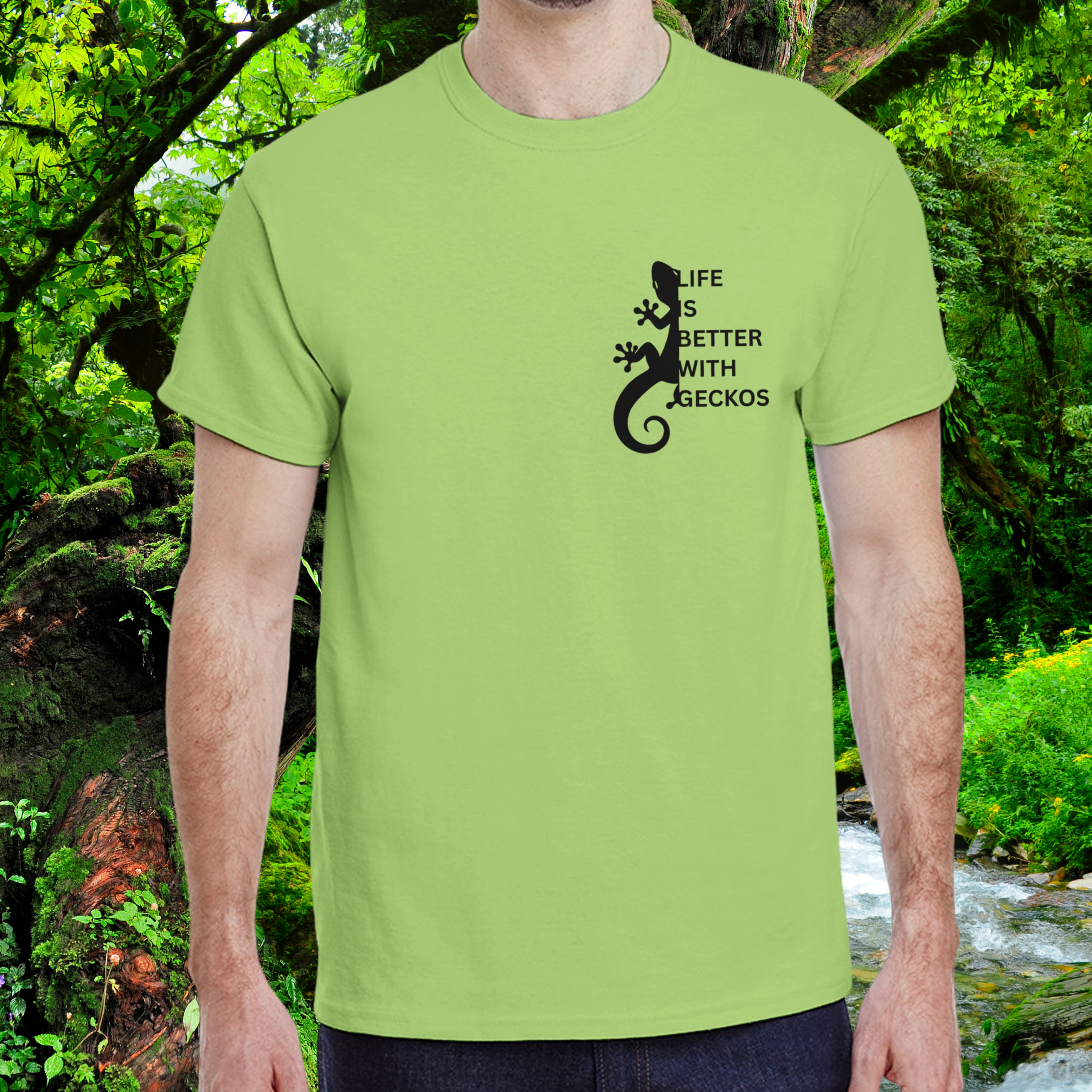 Man wearing a kiwi Gecko shirt from the Life is better Collection