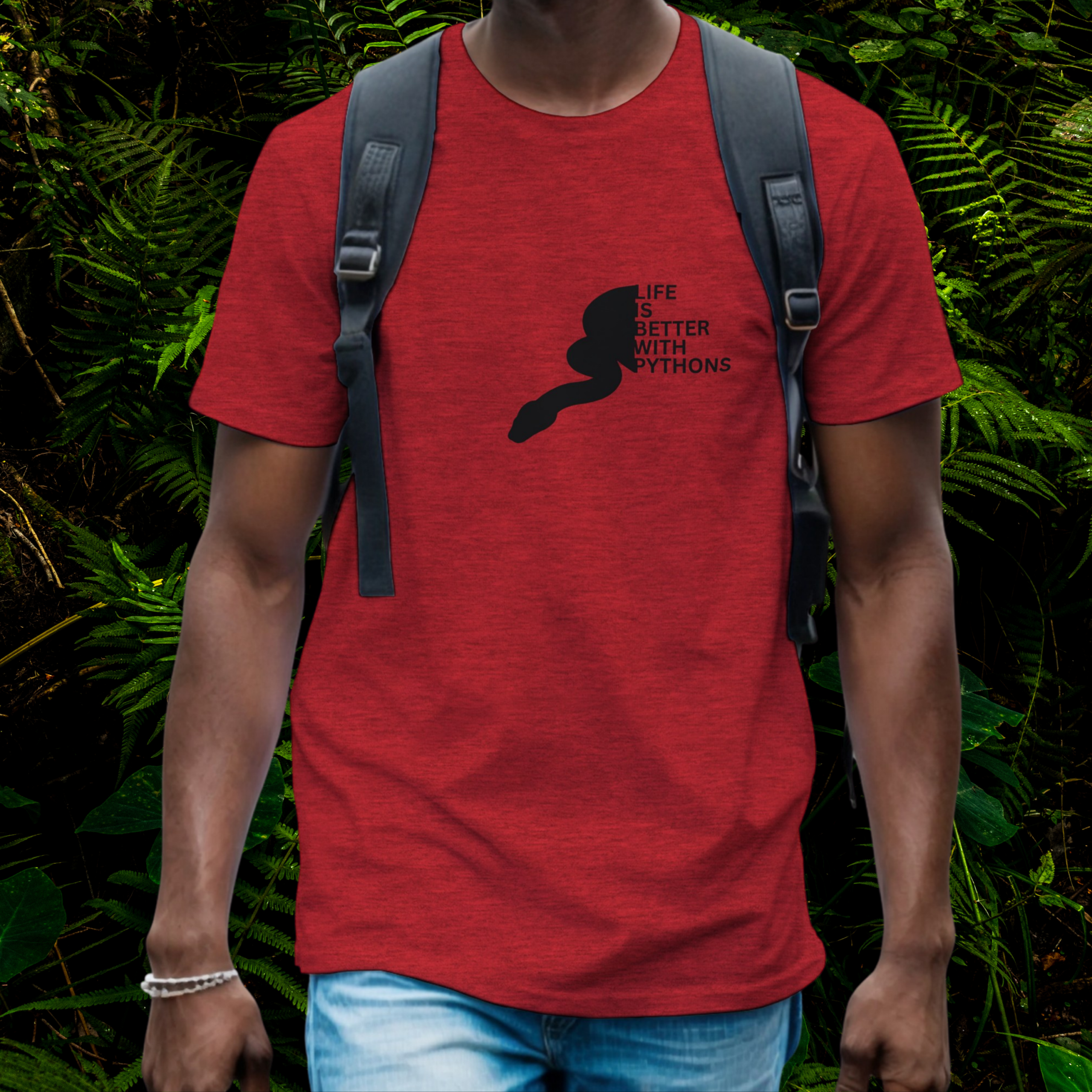 Man wearing a heather red Python shirt from the Life is better Collection