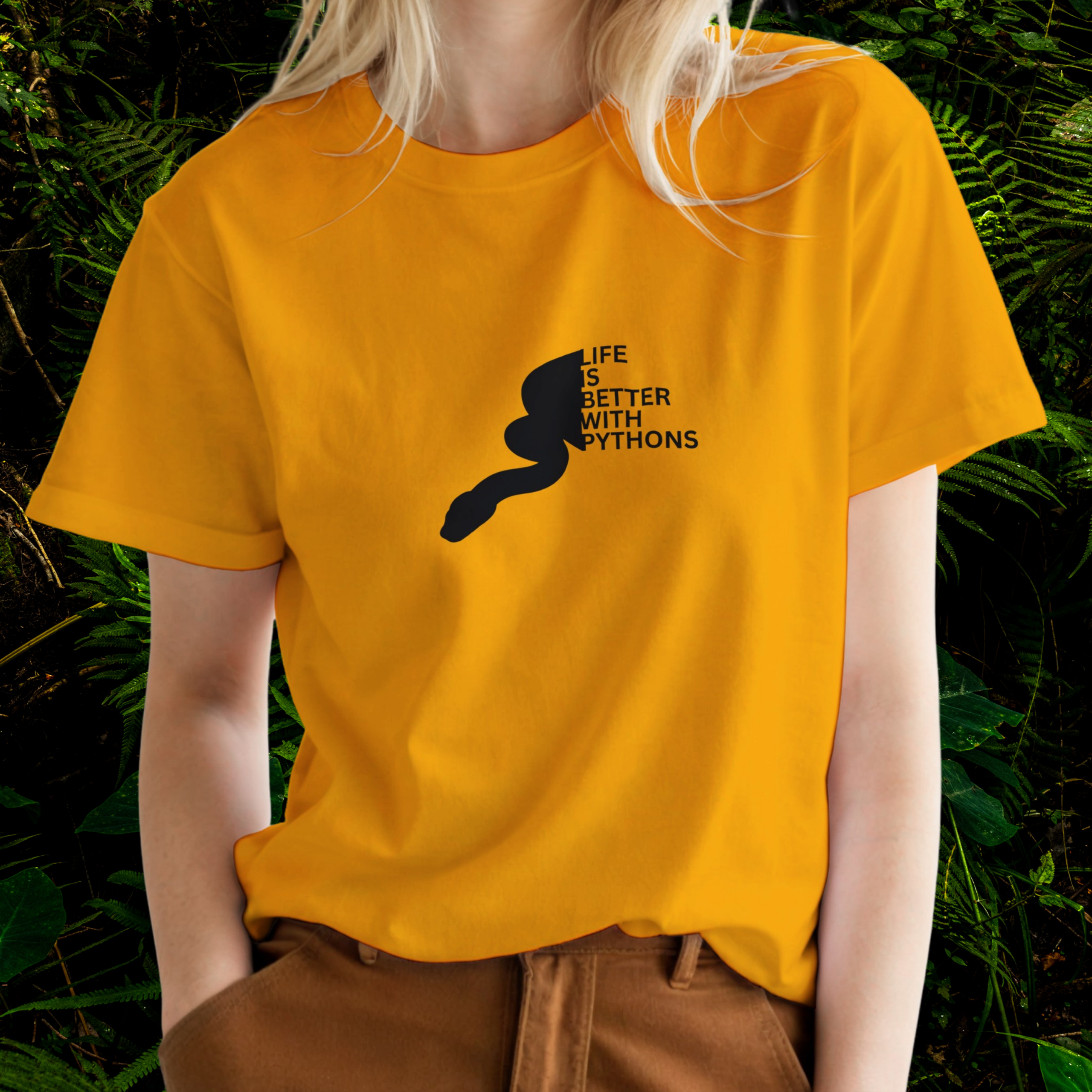 Woman wearing a gold Python shirt from the Life is better Collection