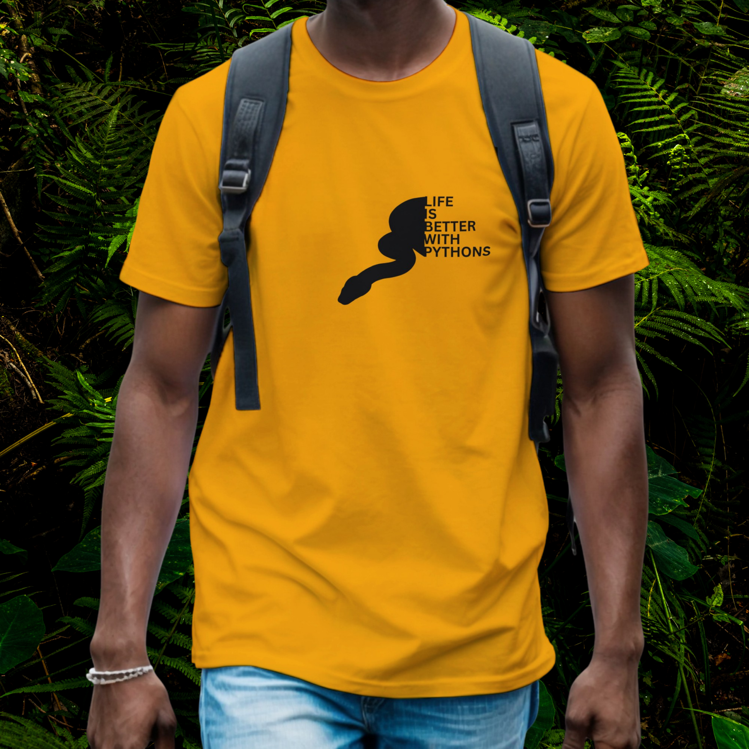 Man wearing a gold Python shirt from the Life is better Collection