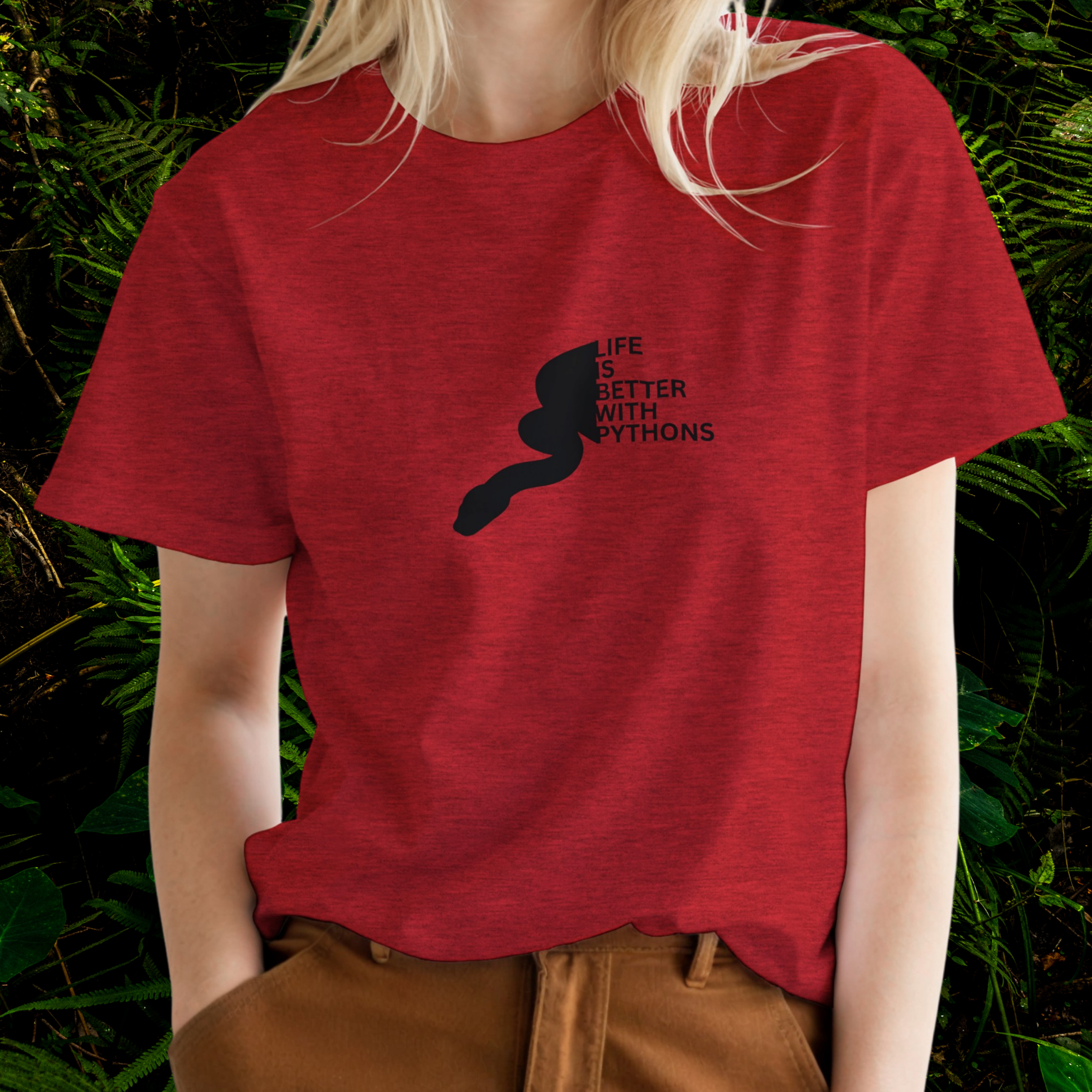 Woman wearing a heather red Python shirt from the Life is better Collection