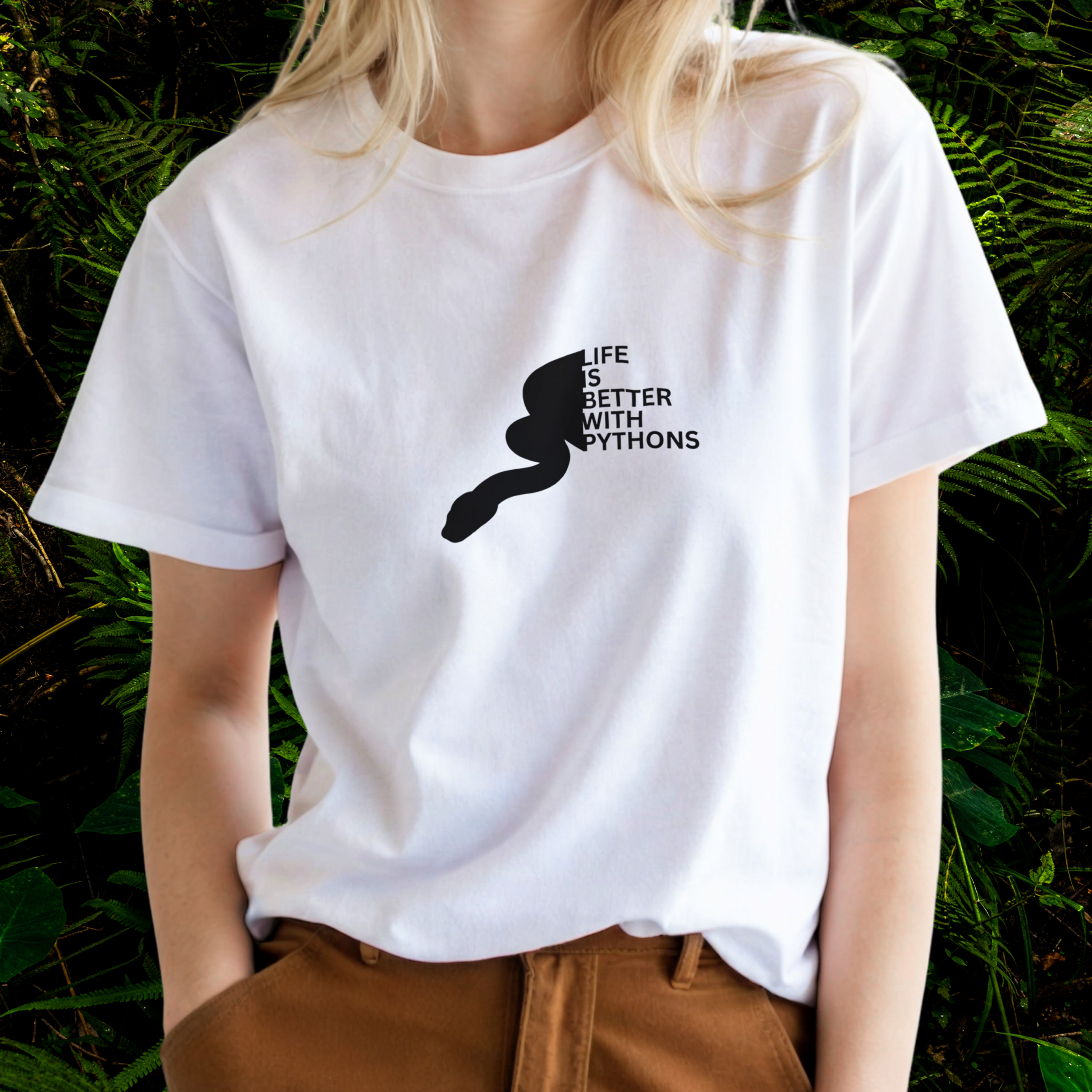 Woman wearing a white Python shirt from the Life is better Collection