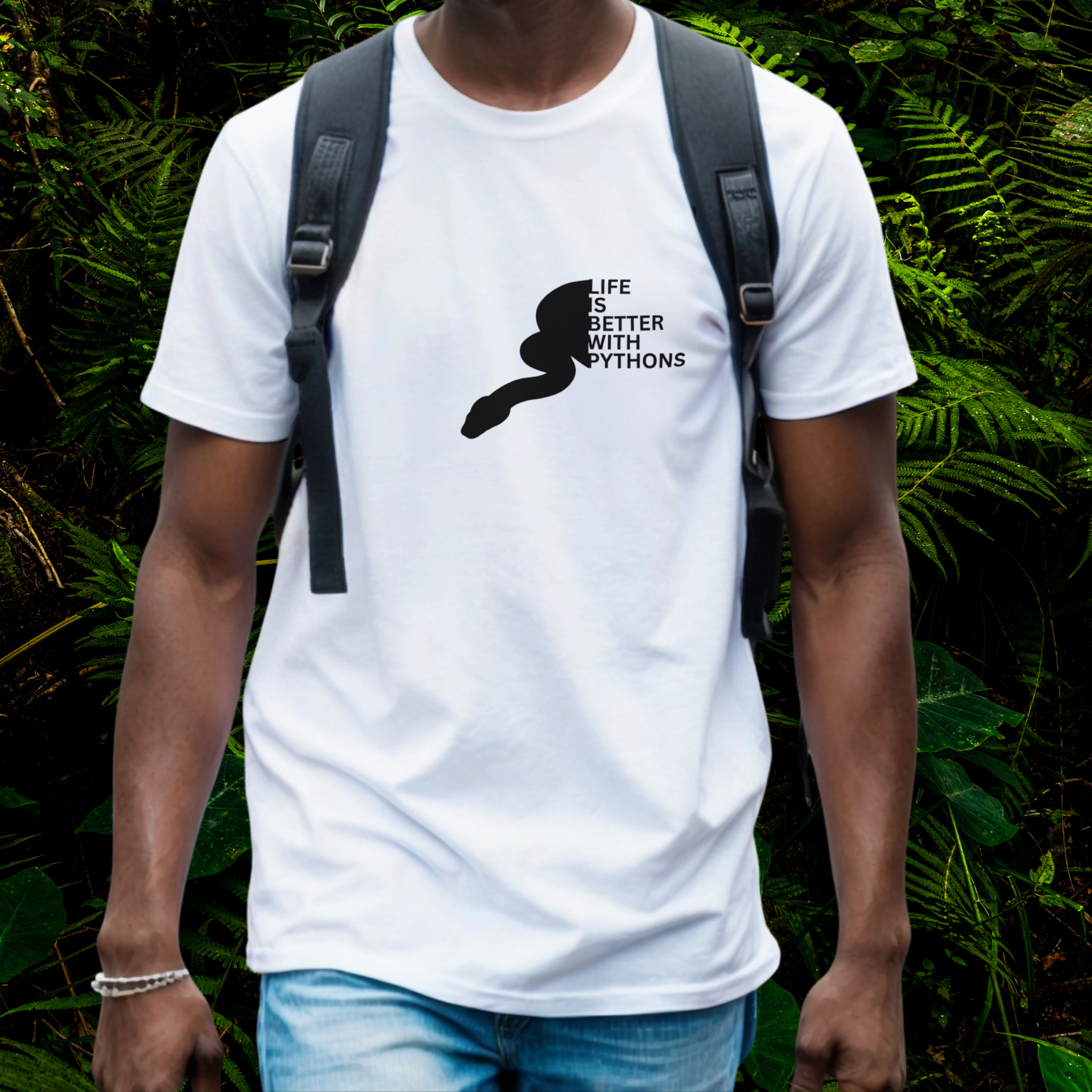 Man wearing a white Python shirt from the Life is better Collection