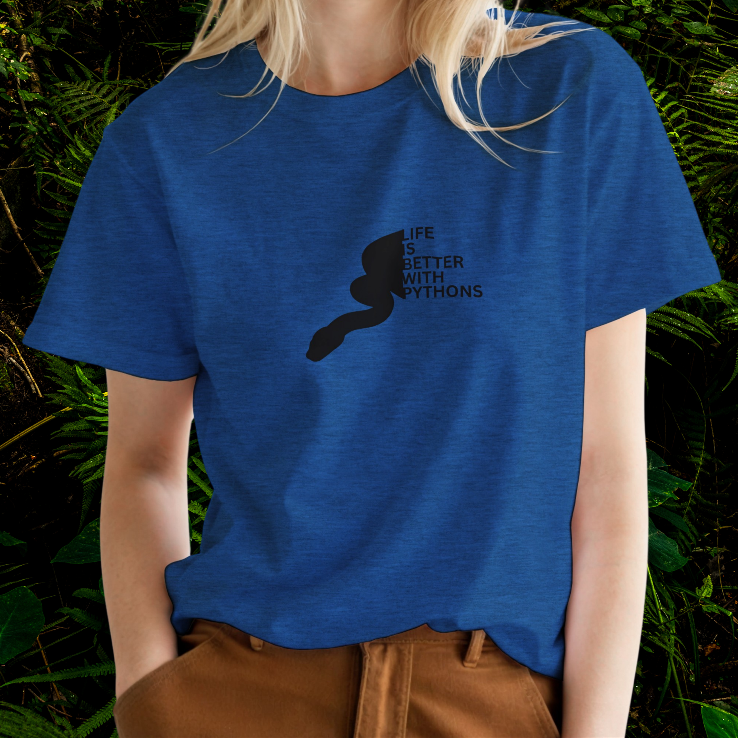 Woman wearing a heather royal Python shirt from the Life is better Collection