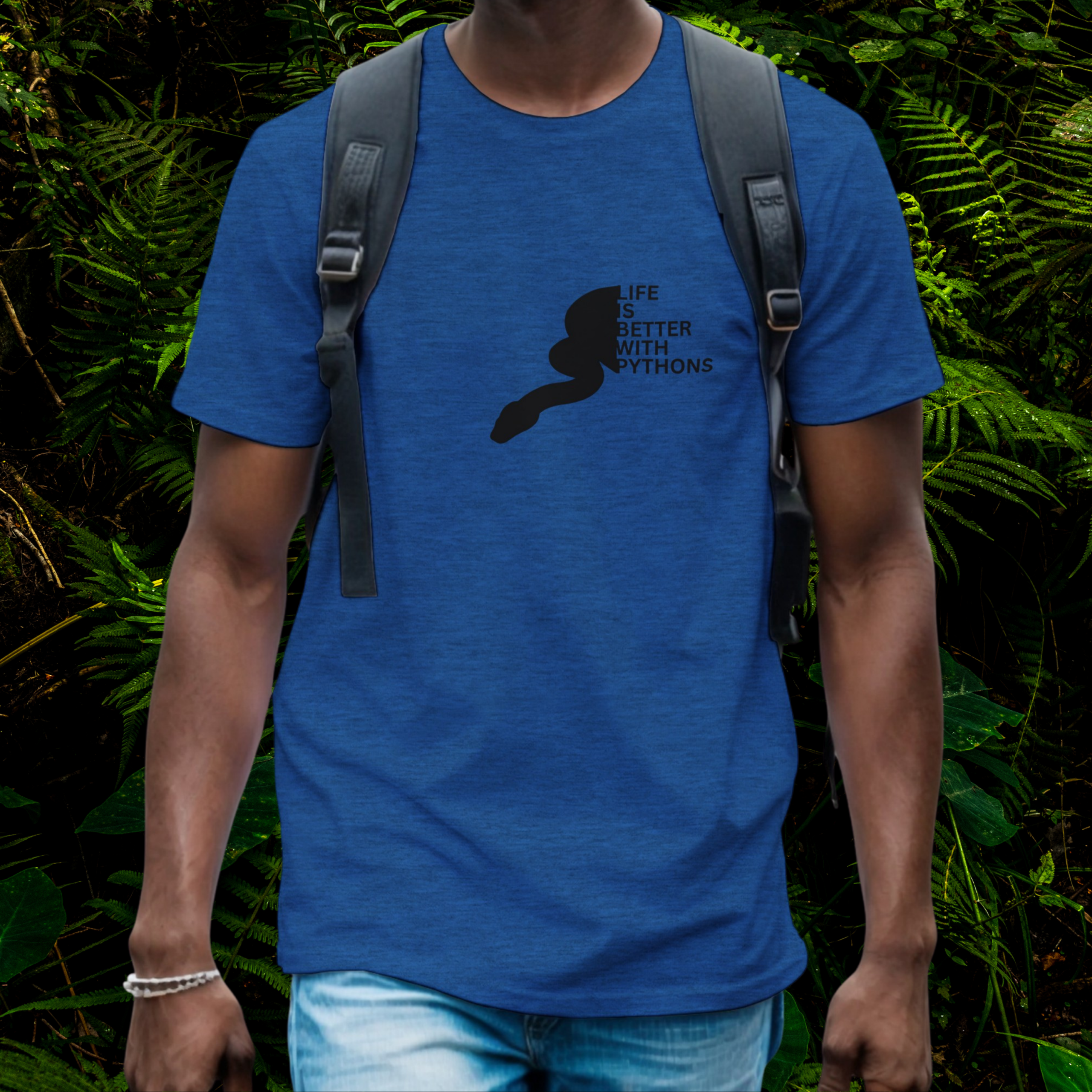 Man wearing a heather royal Python shirt from the Life is better Collection