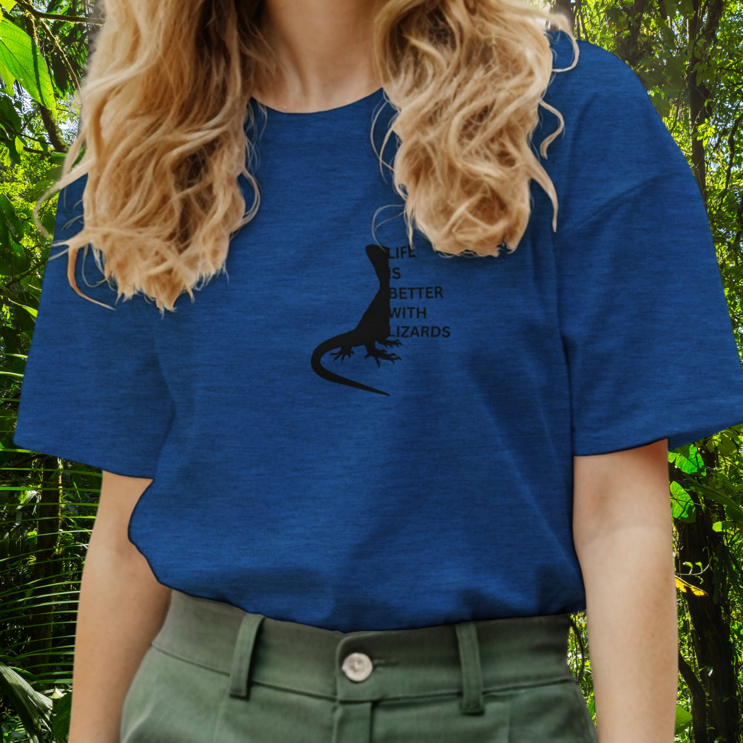 Woman wearing a heather royal Lizards shirt from the Life is better Collection