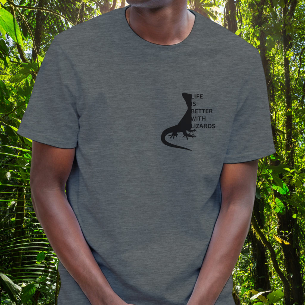 Man wearing a graphite heather Lizards shirt from the Life is better Collection