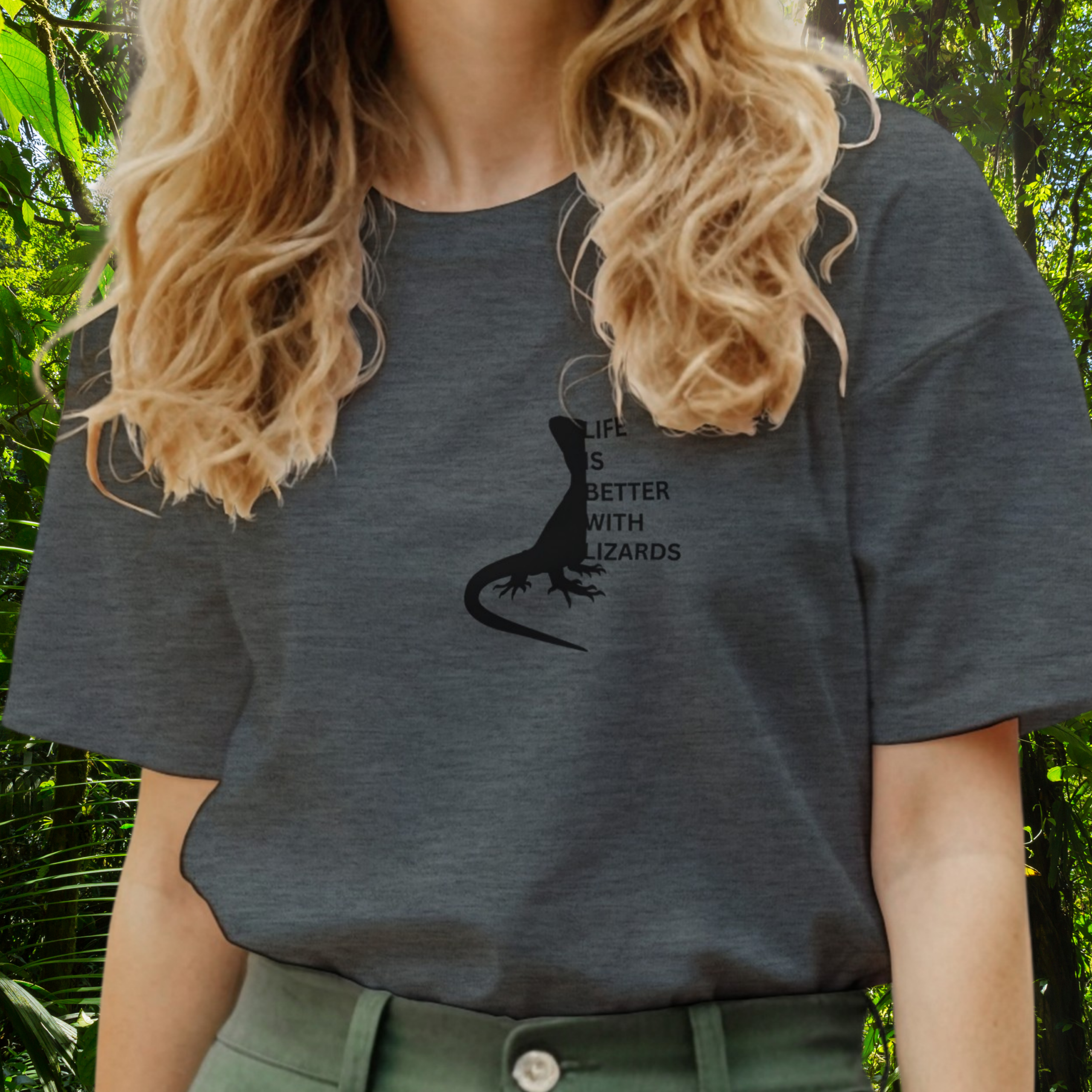 Woman wearing a graphite heather Lizards shirt from the Life is better Collection