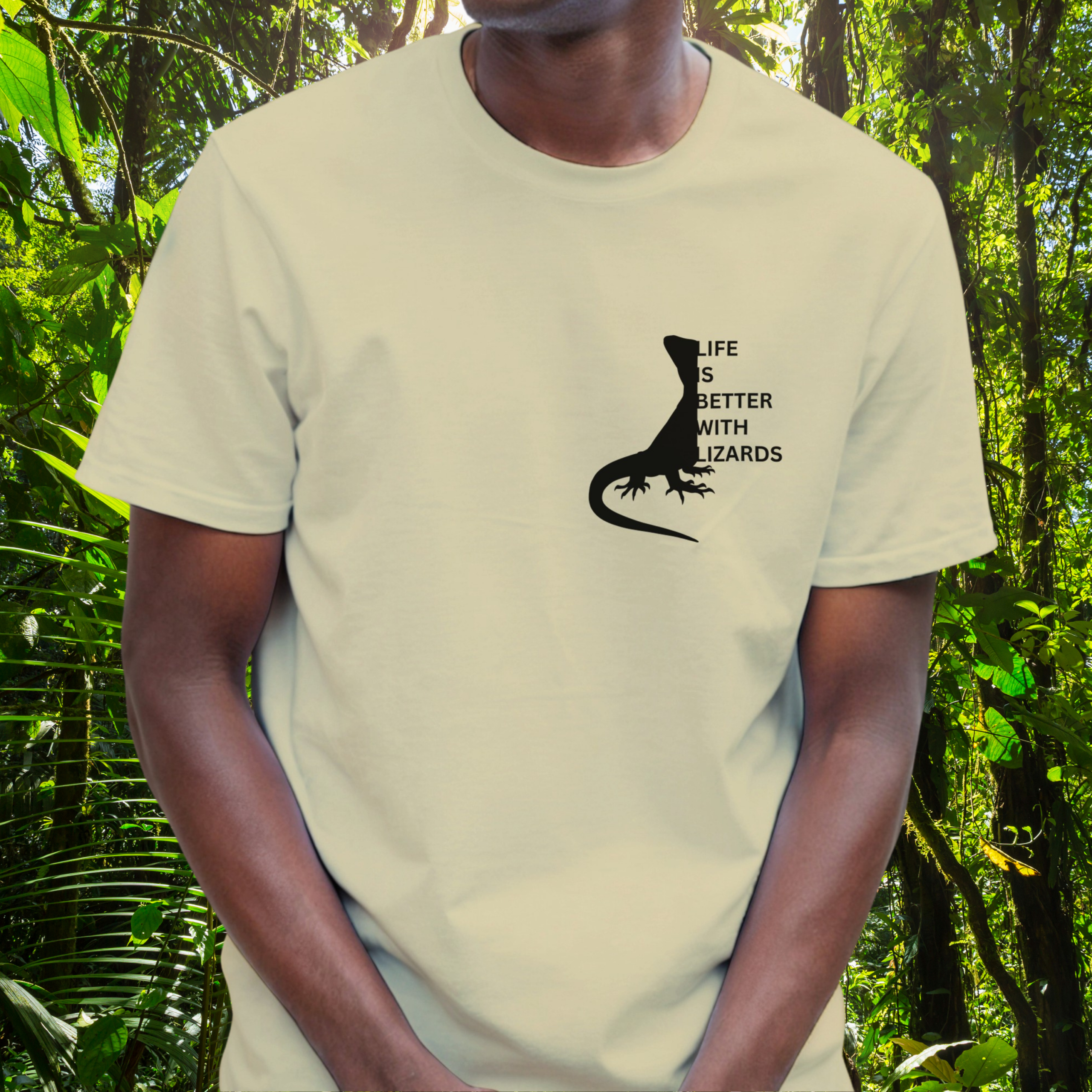 Man wearing a natural Lizards shirt from the Life is better Collection