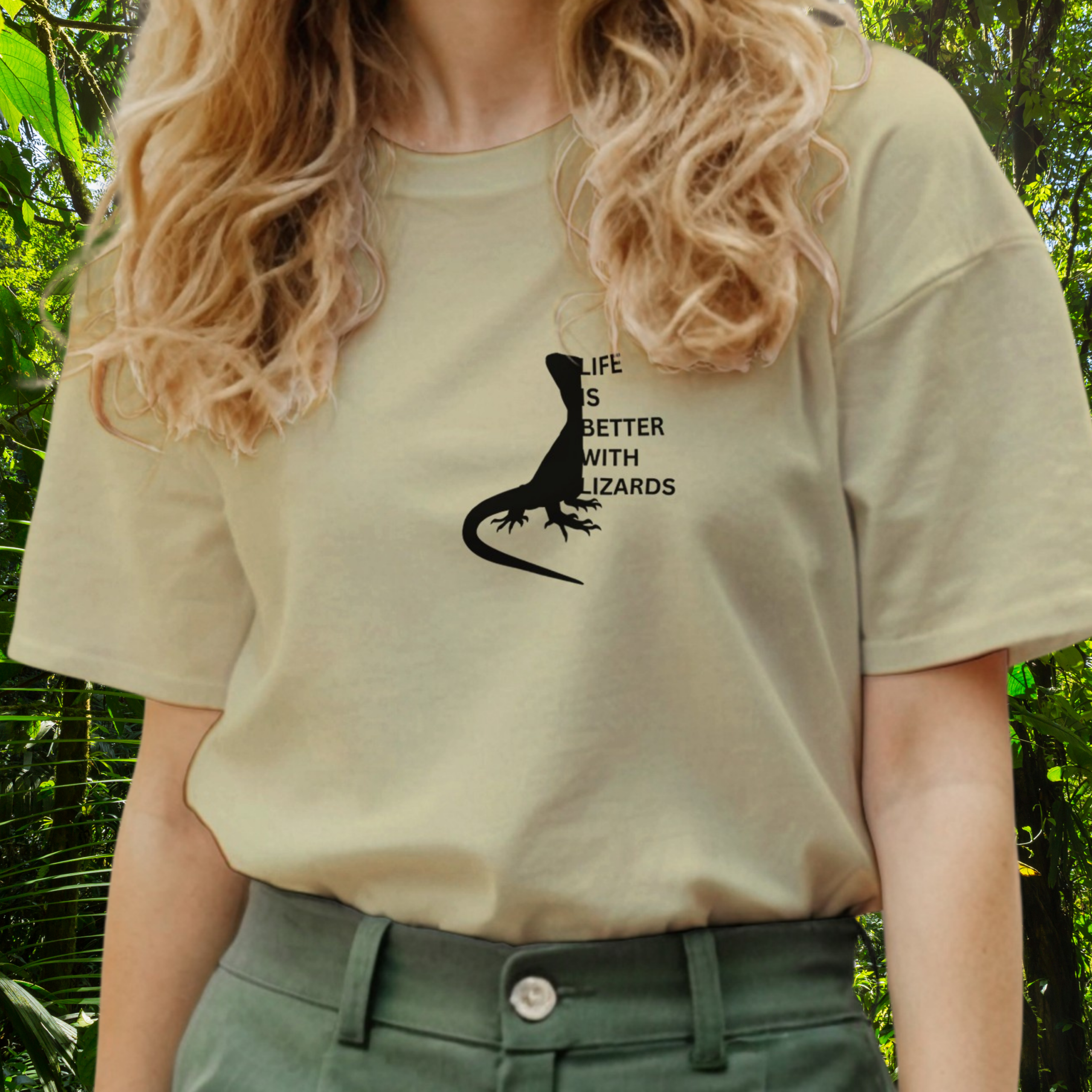 Woman wearing a natural Lizards shirt from the Life is better Collection