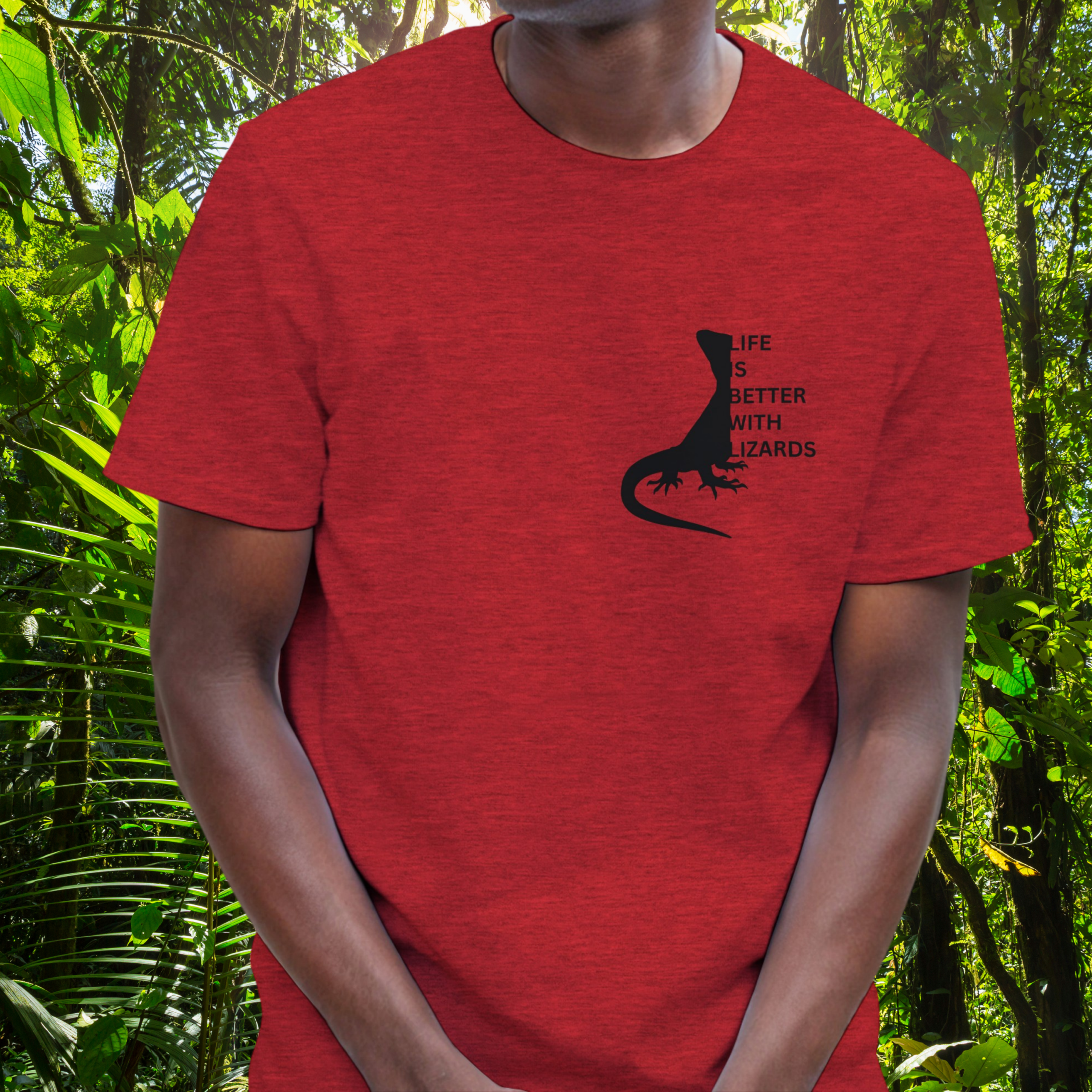 Man wearing a heather red Lizards shirt from the Life is better Collection