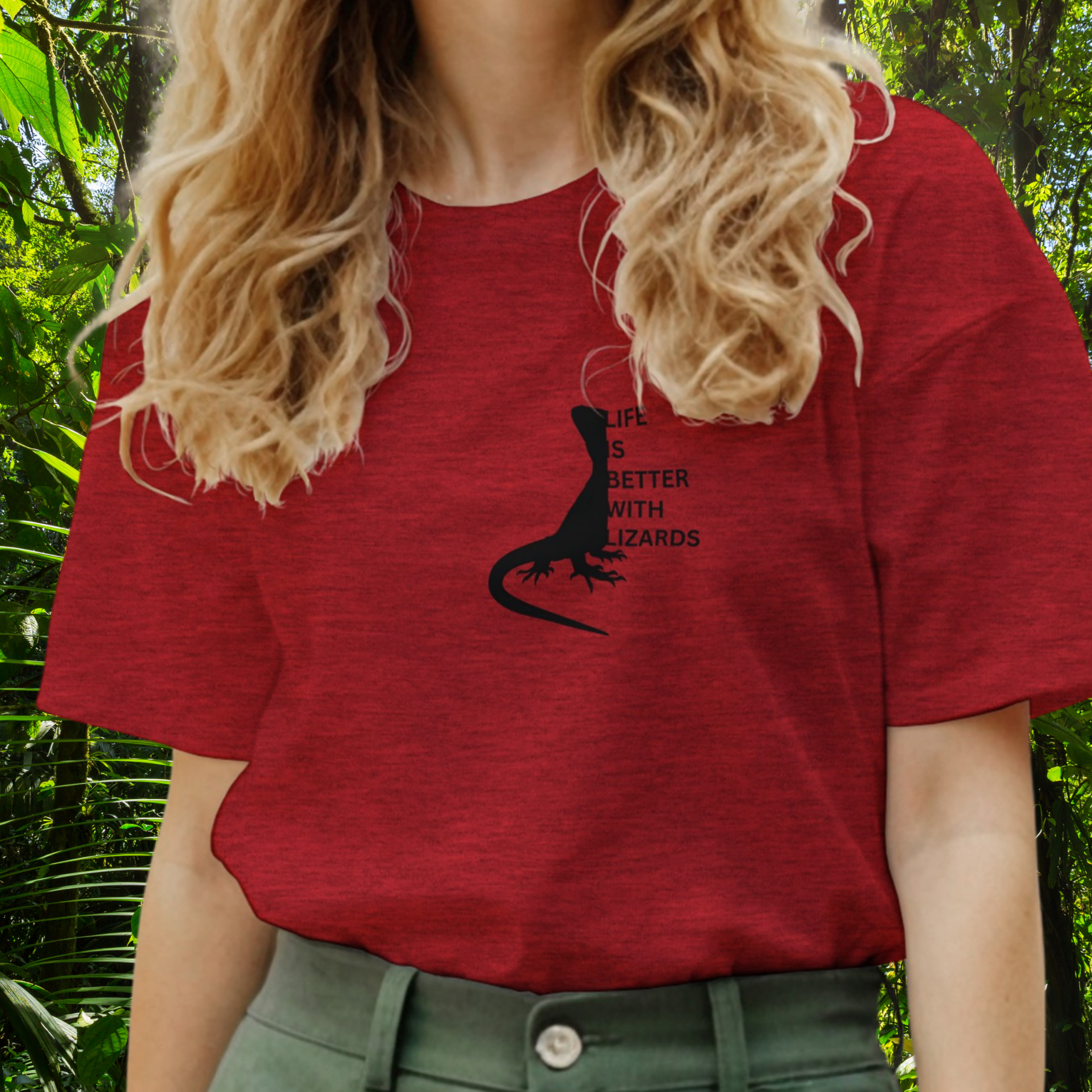 Woman wearing a heather red Lizards shirt from the Life is better Collection
