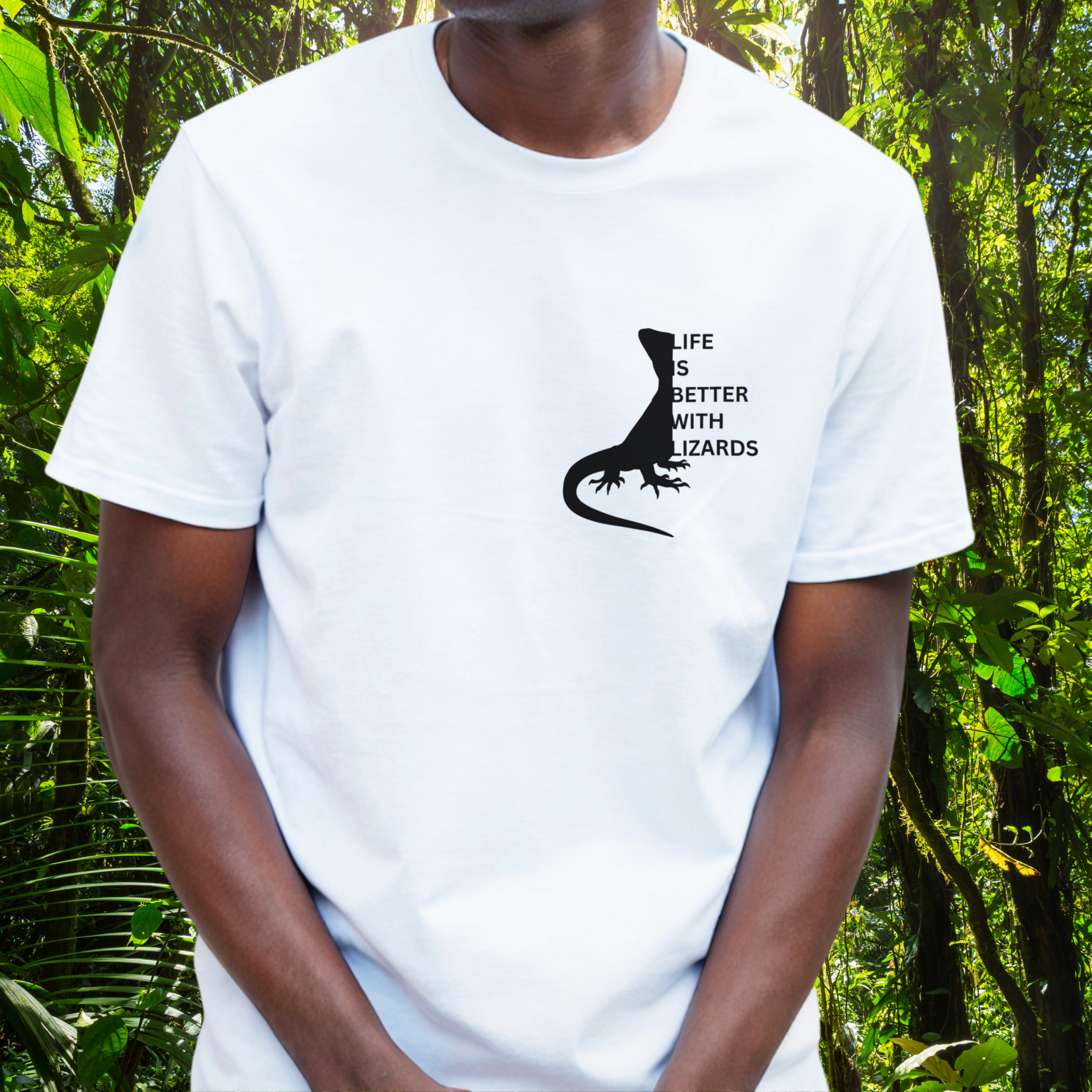 Man wearing a white Lizards shirt from the Life is better Collection