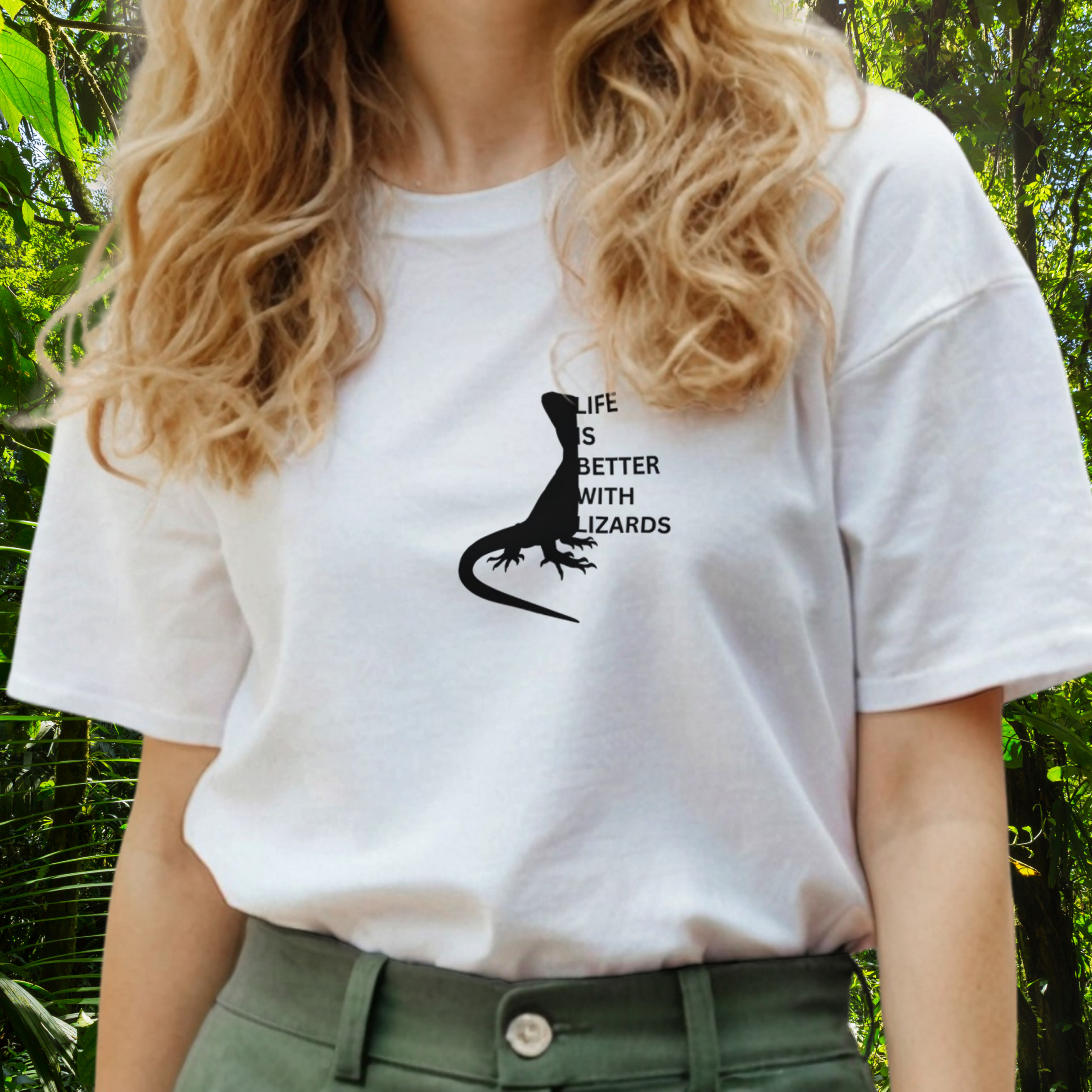 Woman wearing a white Lizards shirt from the Life is better Collection