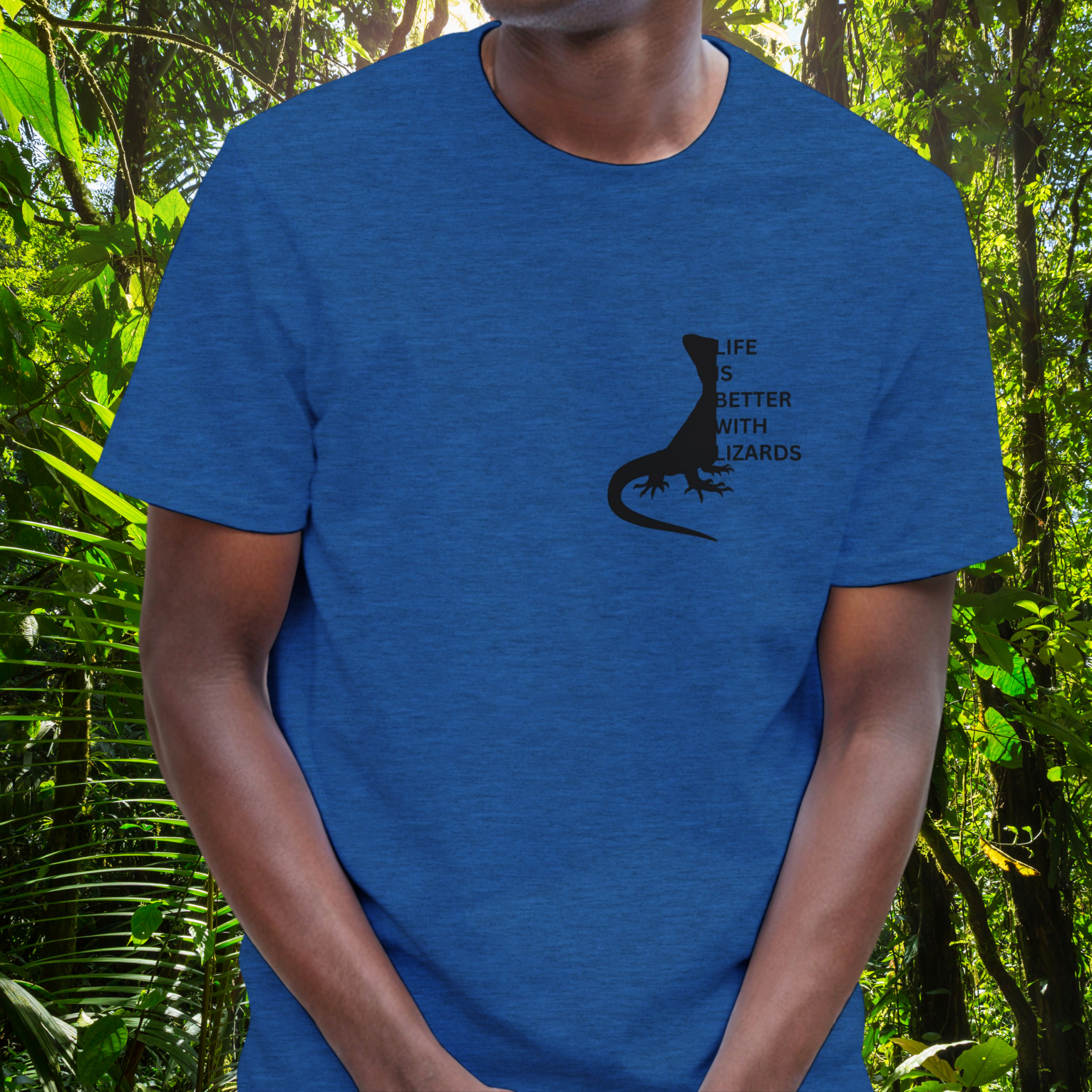 Man wearing a heather royal Lizards shirt from the Life is better Collection