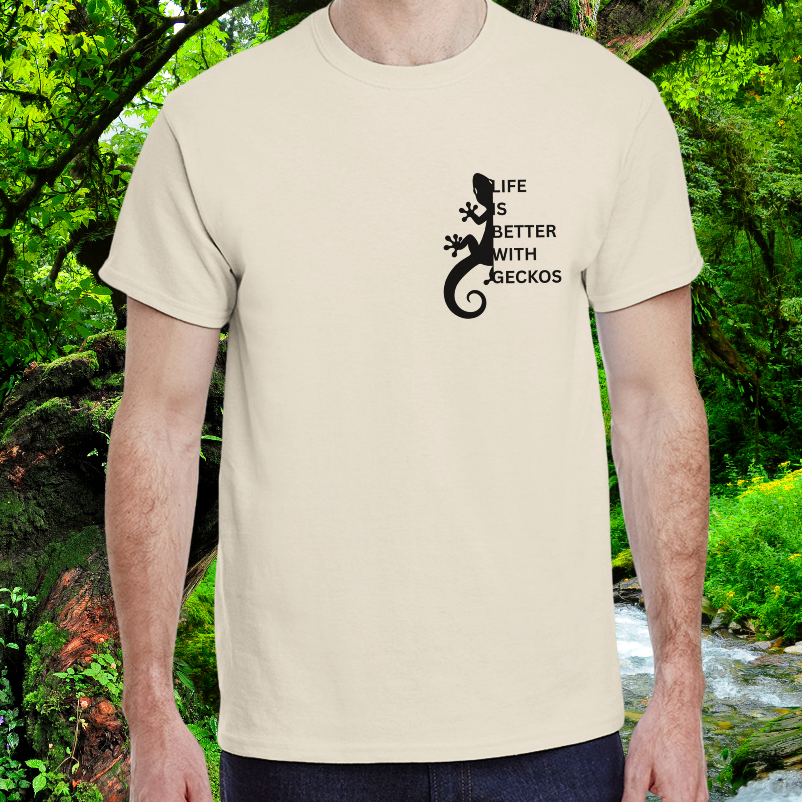 Man wearing a natural Gecko shirt from the Life is better Collection
