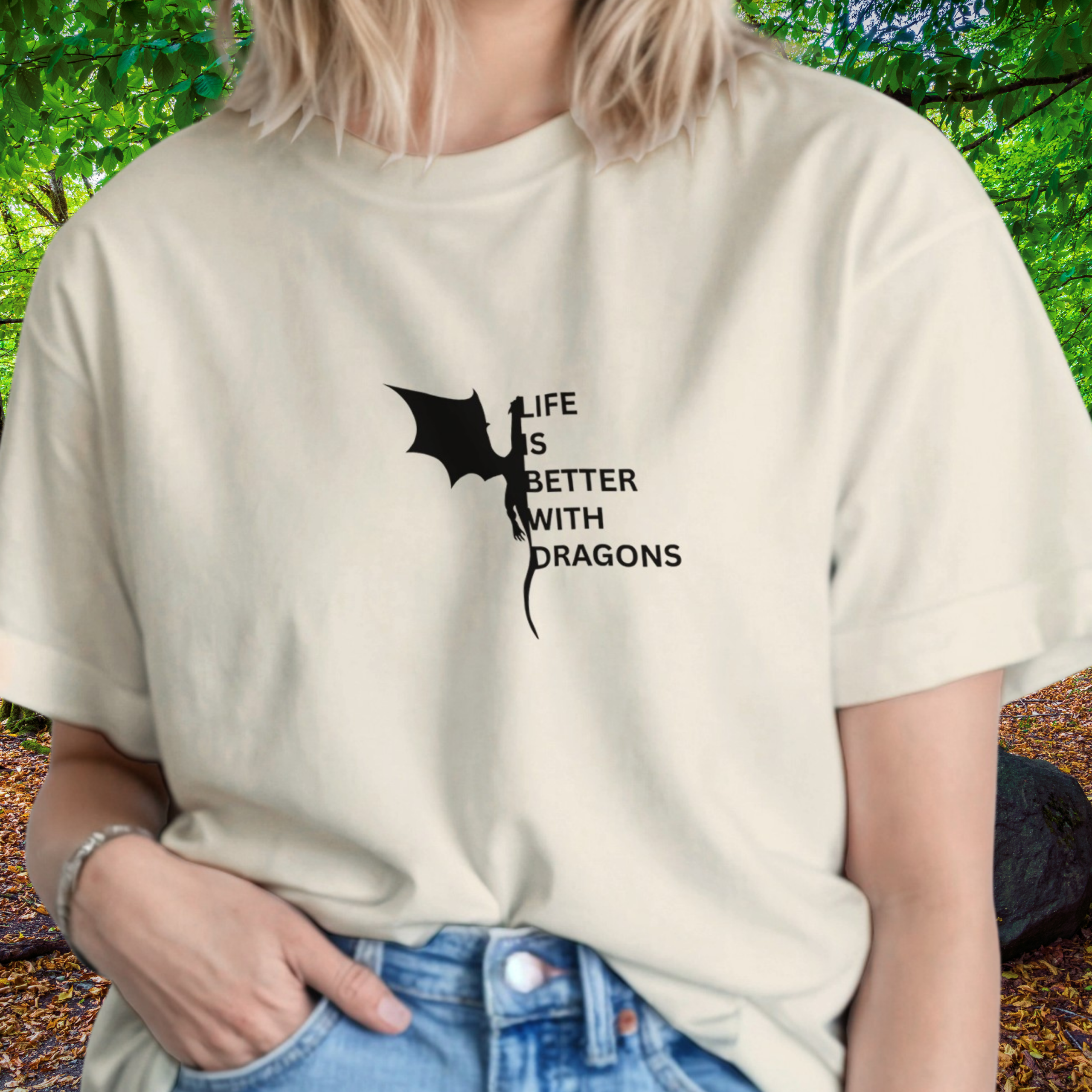 Woman wearing a natural Dragons shirt from the Life is better Collection