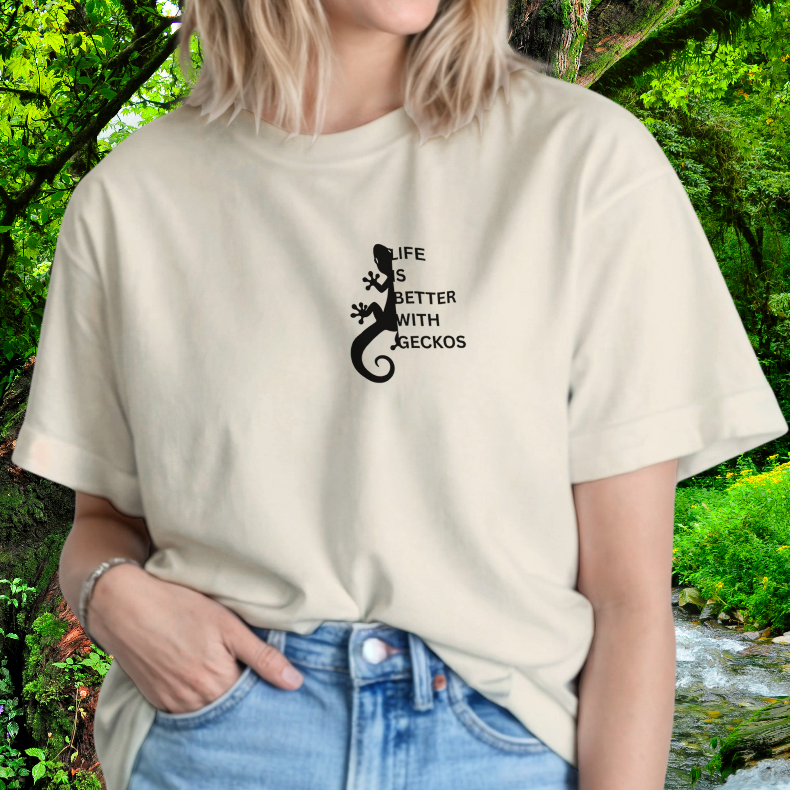 Woman wearing a natural Gecko shirt from the Life is better Collection