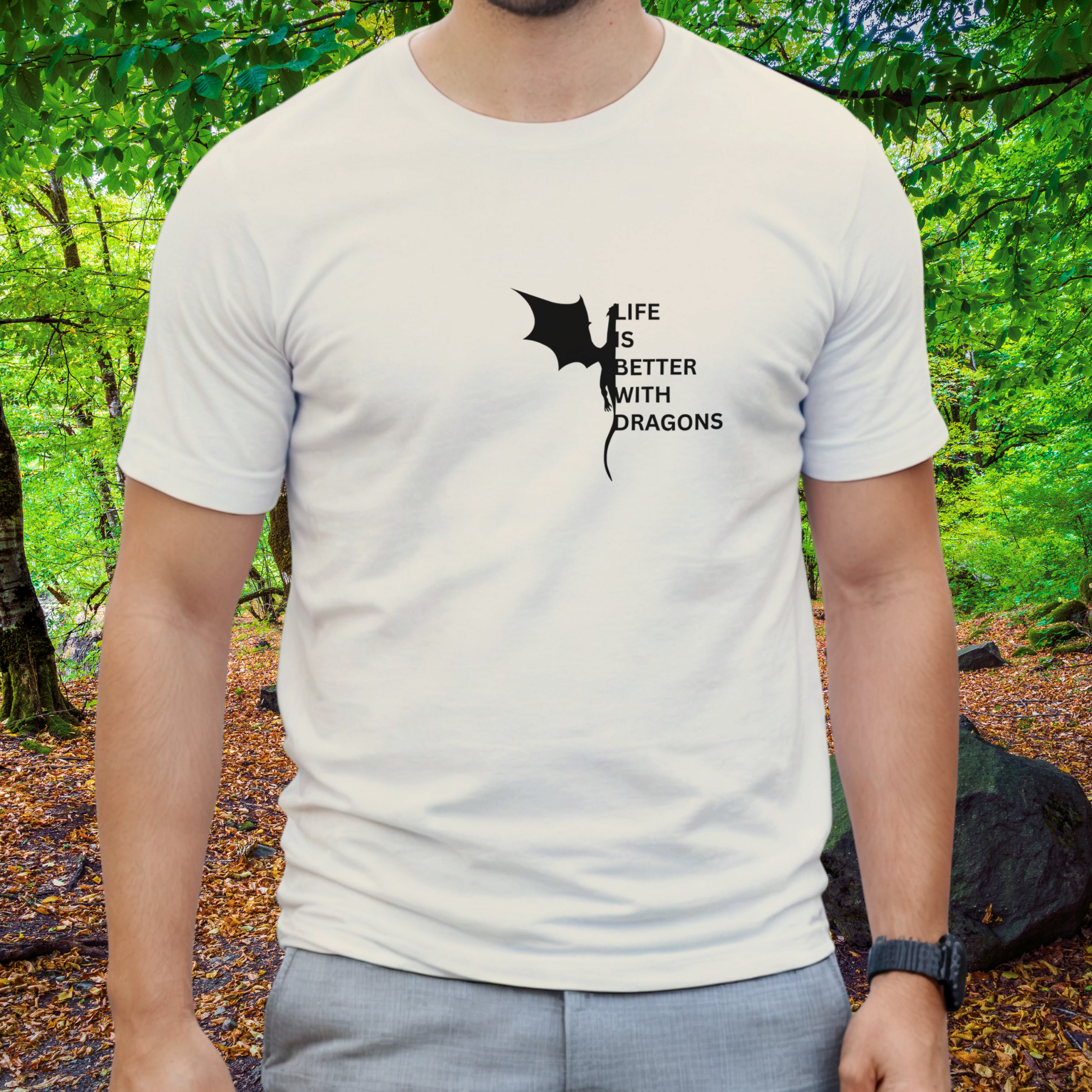 Man wearing a natural Dragons shirt from the Life is better Collection