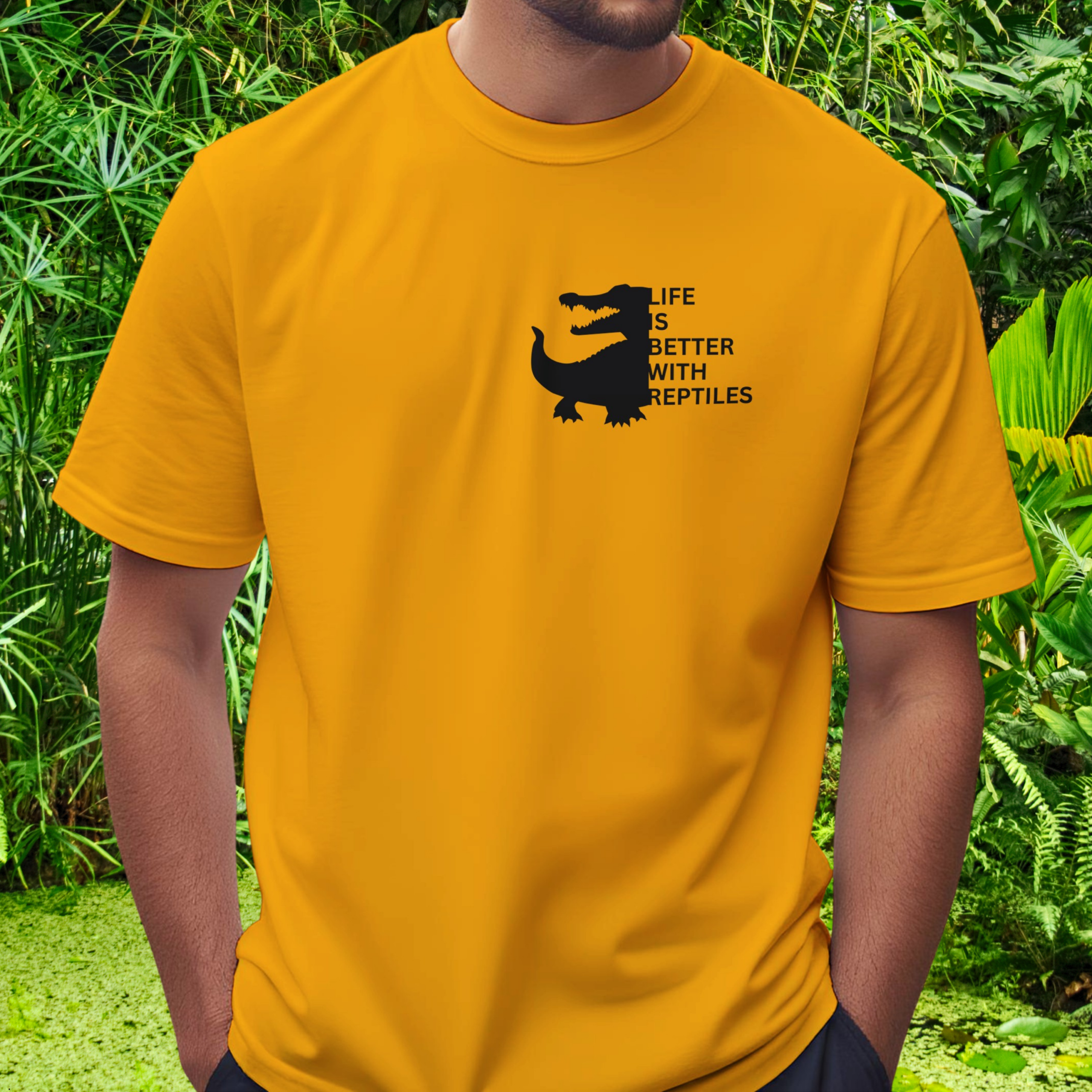 Man wearing a gold Reptile shirt from the Life is better Collection
