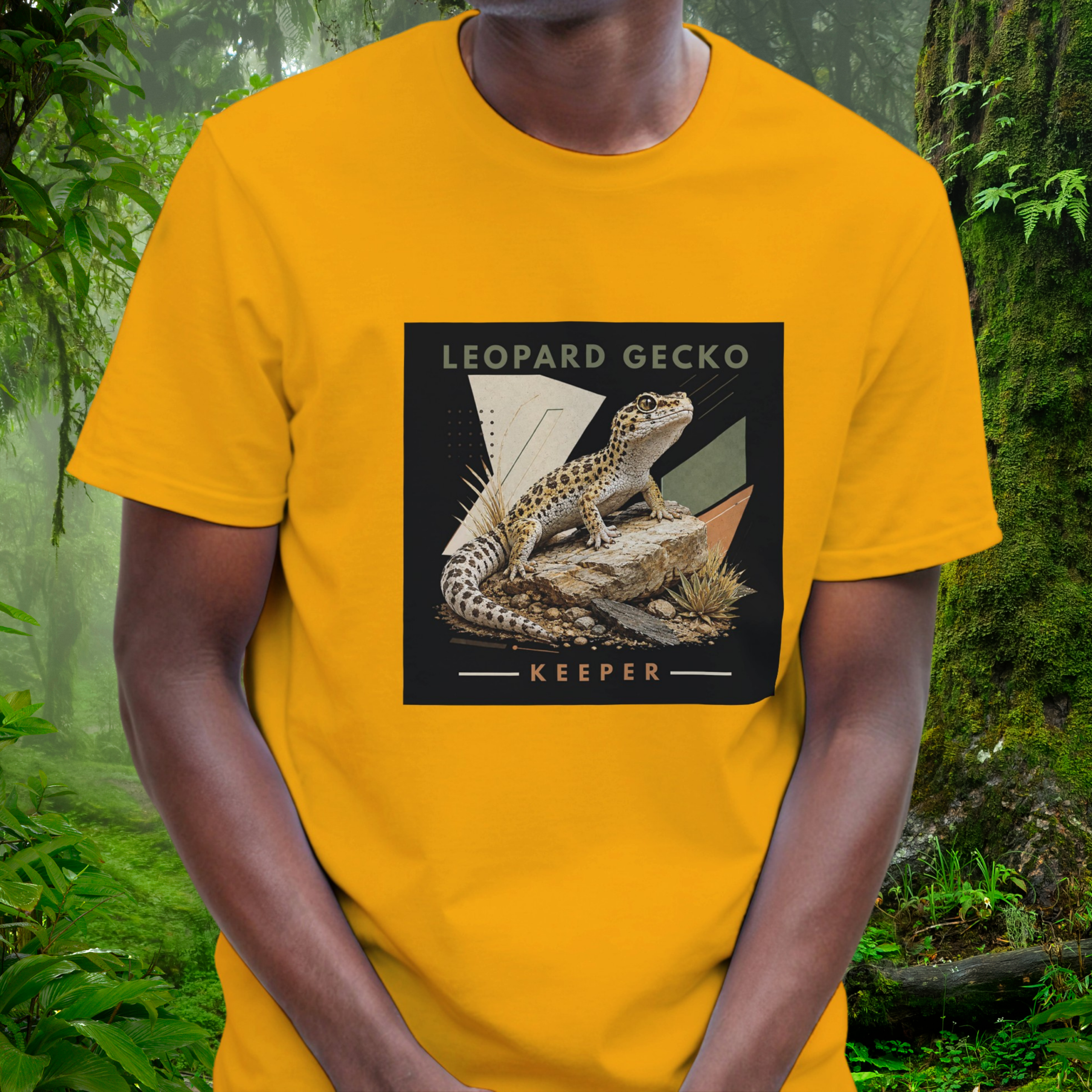 Man wearing a gold Leopard Gecko shirt from the Keeper Collection