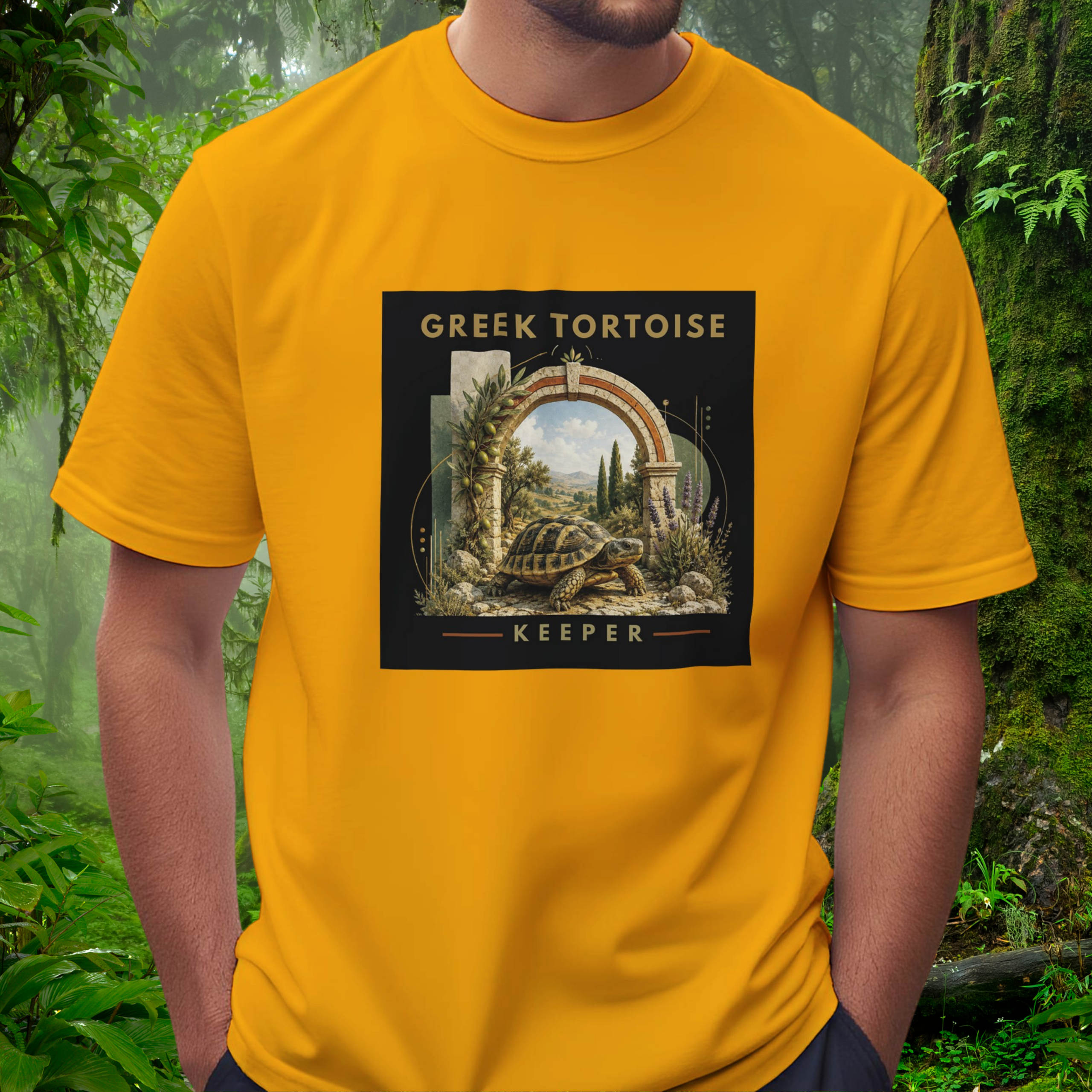 Man wearing a gold Greek Tortoise shirt from the Keeper Collection