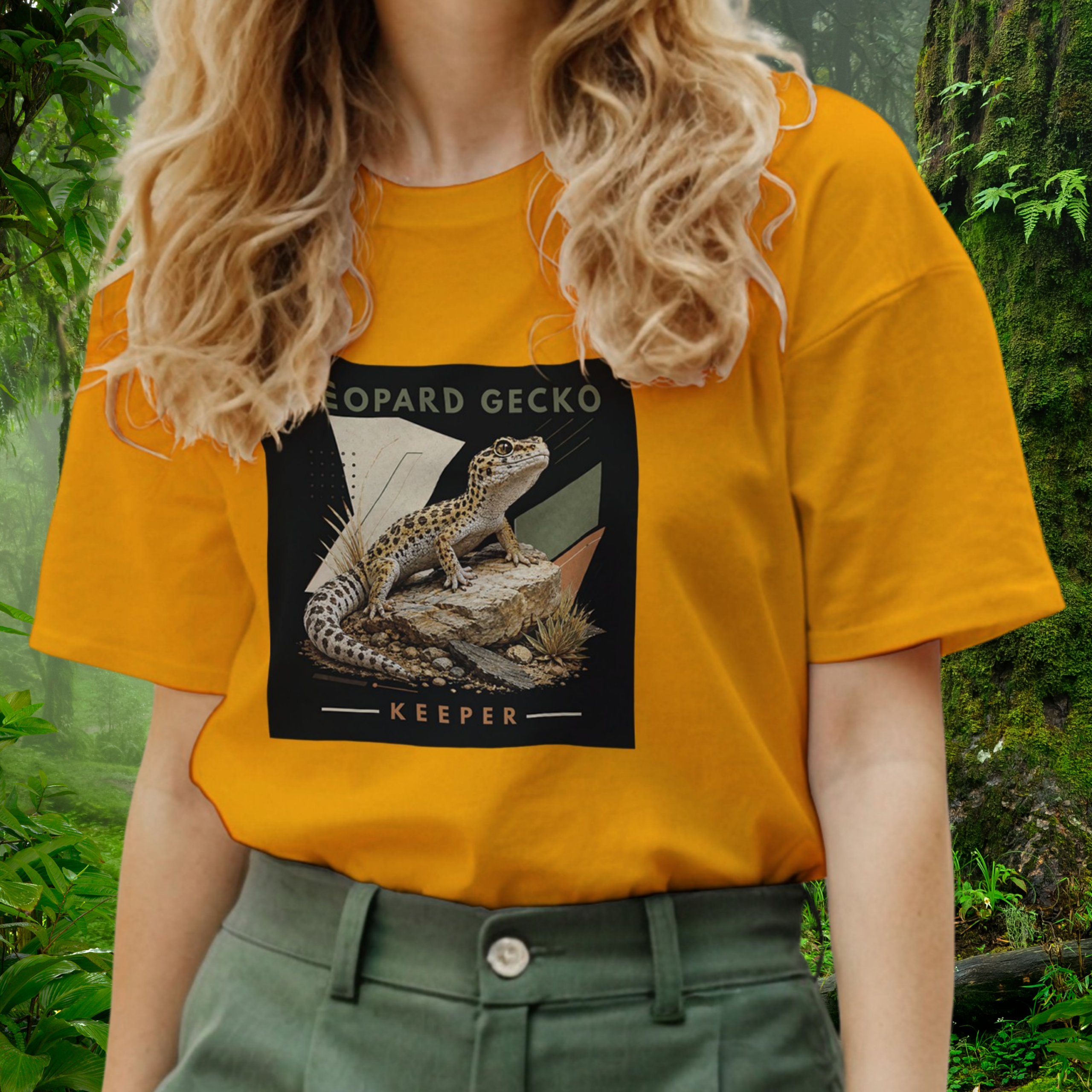 Woman wearing a gold Leopard Gecko shirt from the Keeper Collection