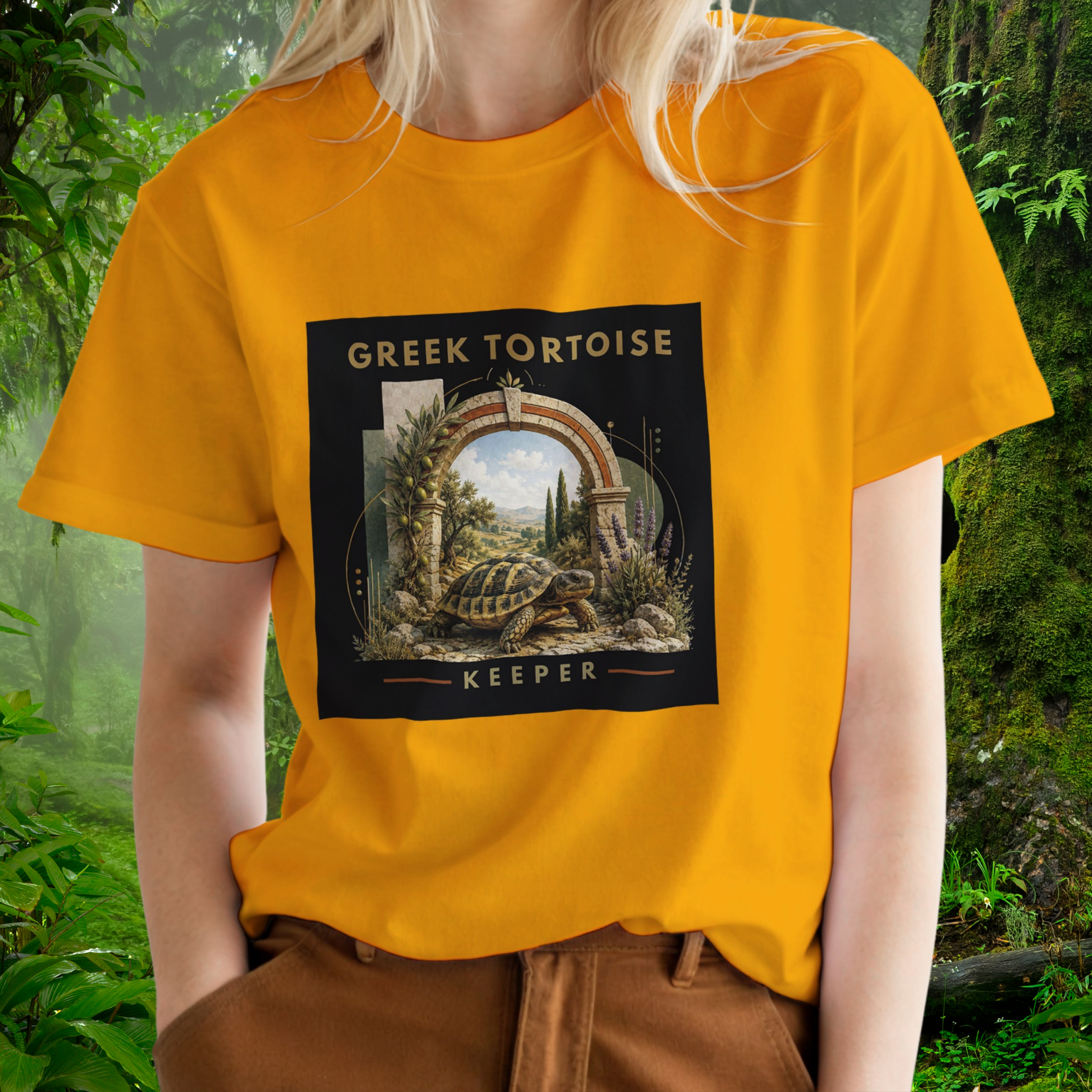 Woman wearing a gold Greek Tortoise shirt from the Keeper Collection