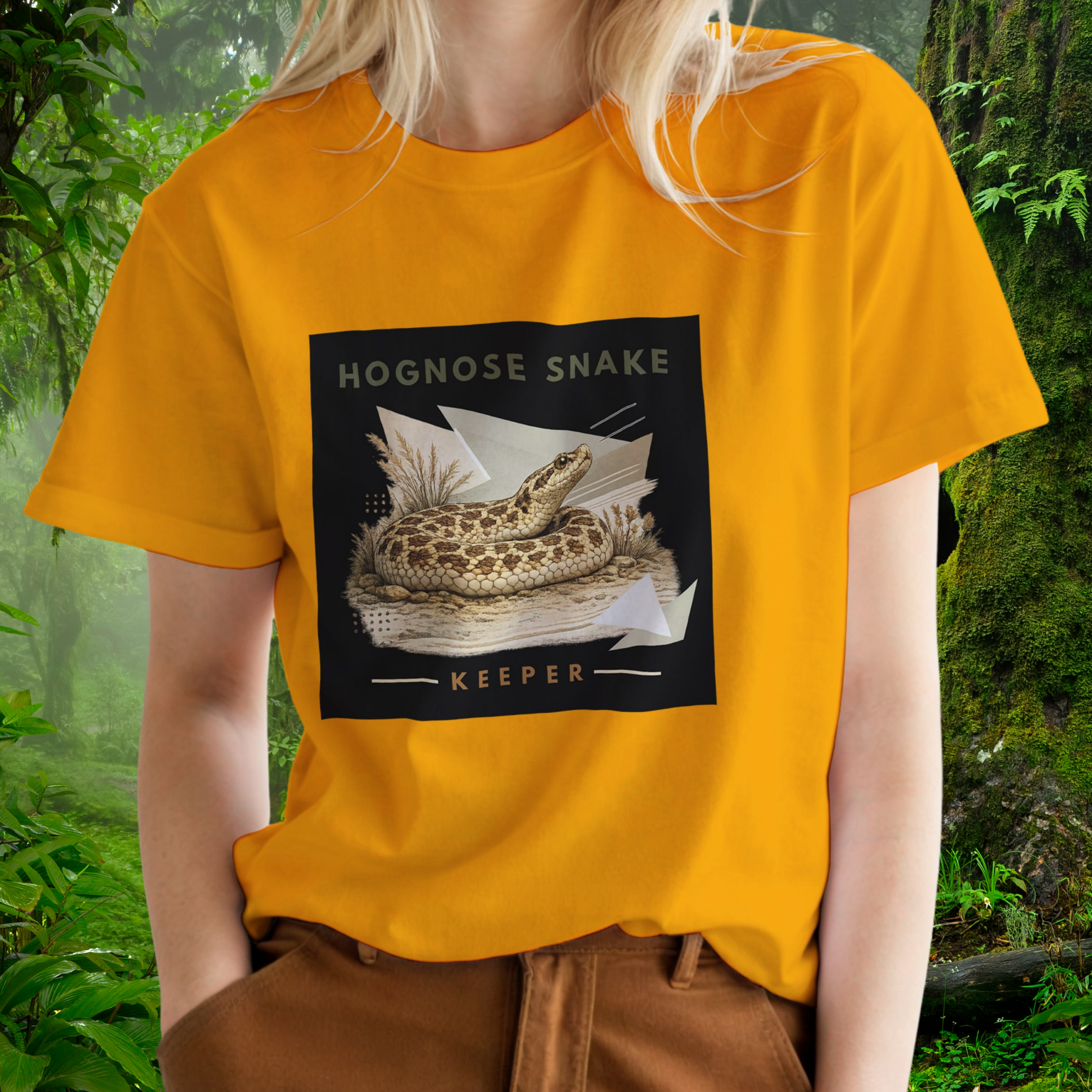 Woman wearing a gold Hognose Snake shirt from the Keeper Collection