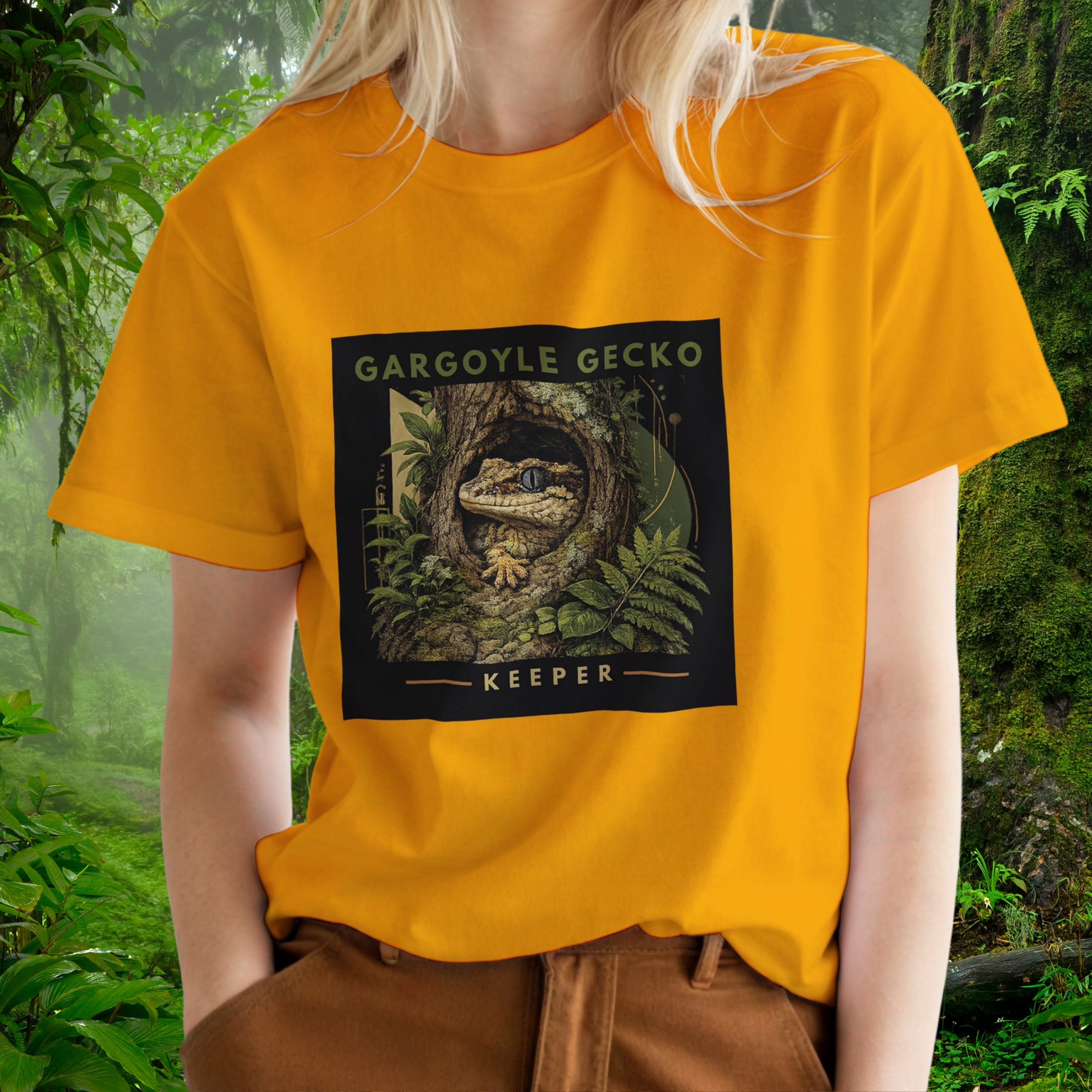 Woman wearing a gold Gargoyle Gecko shirt from the Keeper Collection