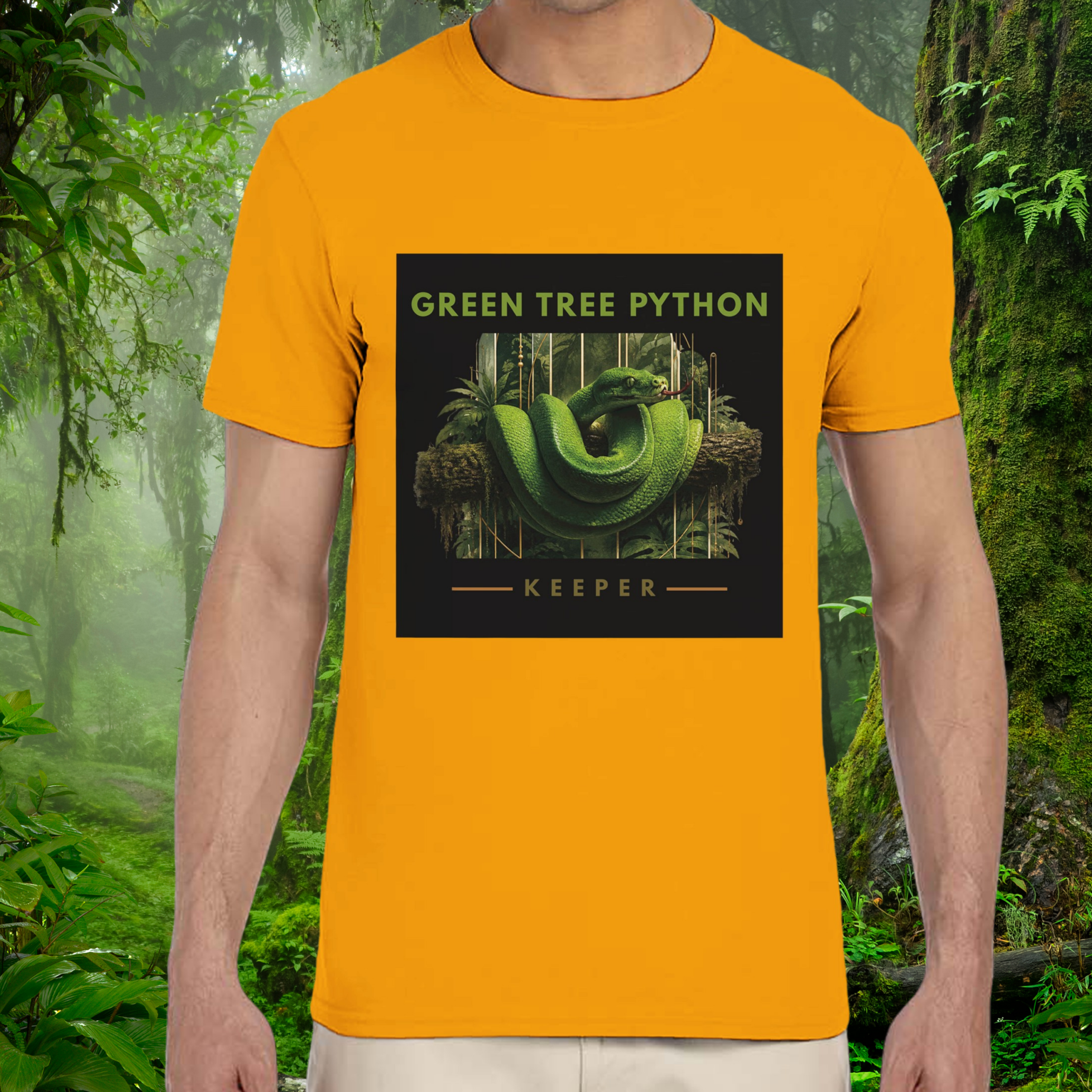Man wearing a gold Green Tree Python shirt from the Keeper Collection