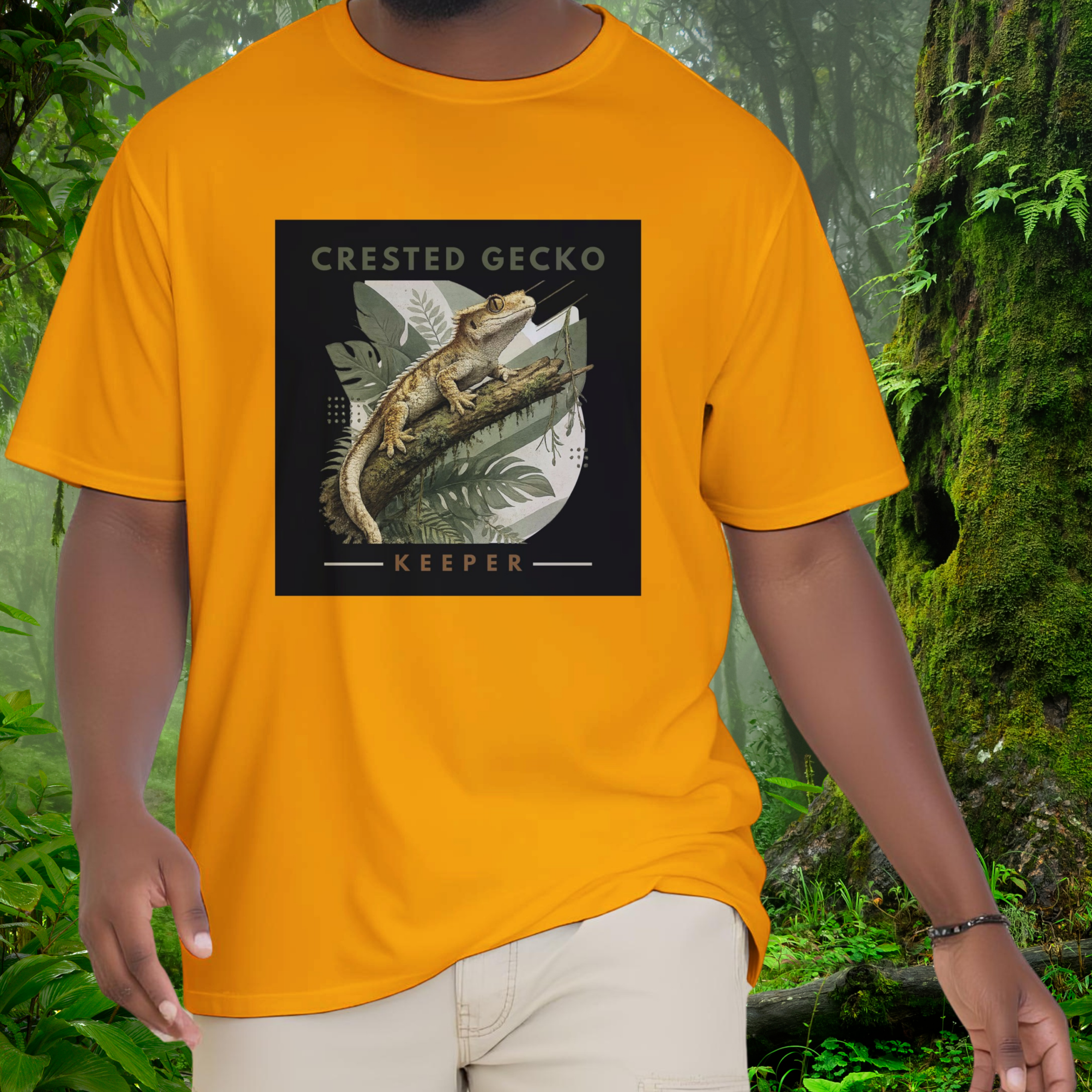 Man wearing a gold Crested Gecko shirt from the Keeper Collection