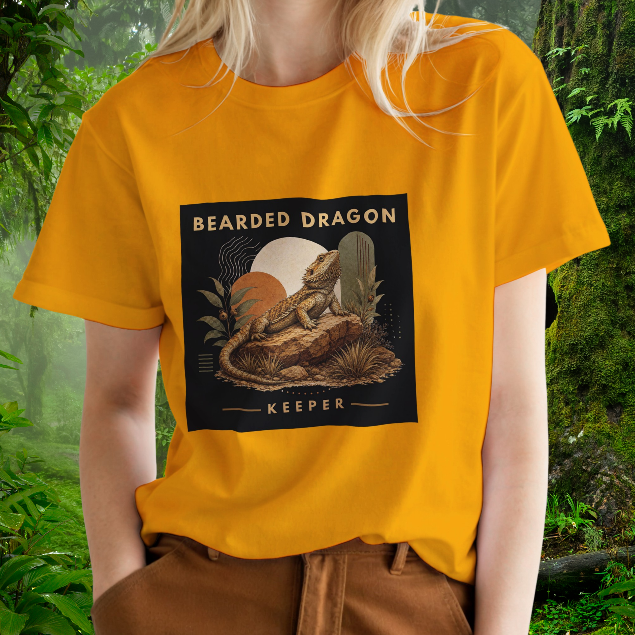 Woman wearing a gold Bearded Dragon shirt from the Keeper Collection