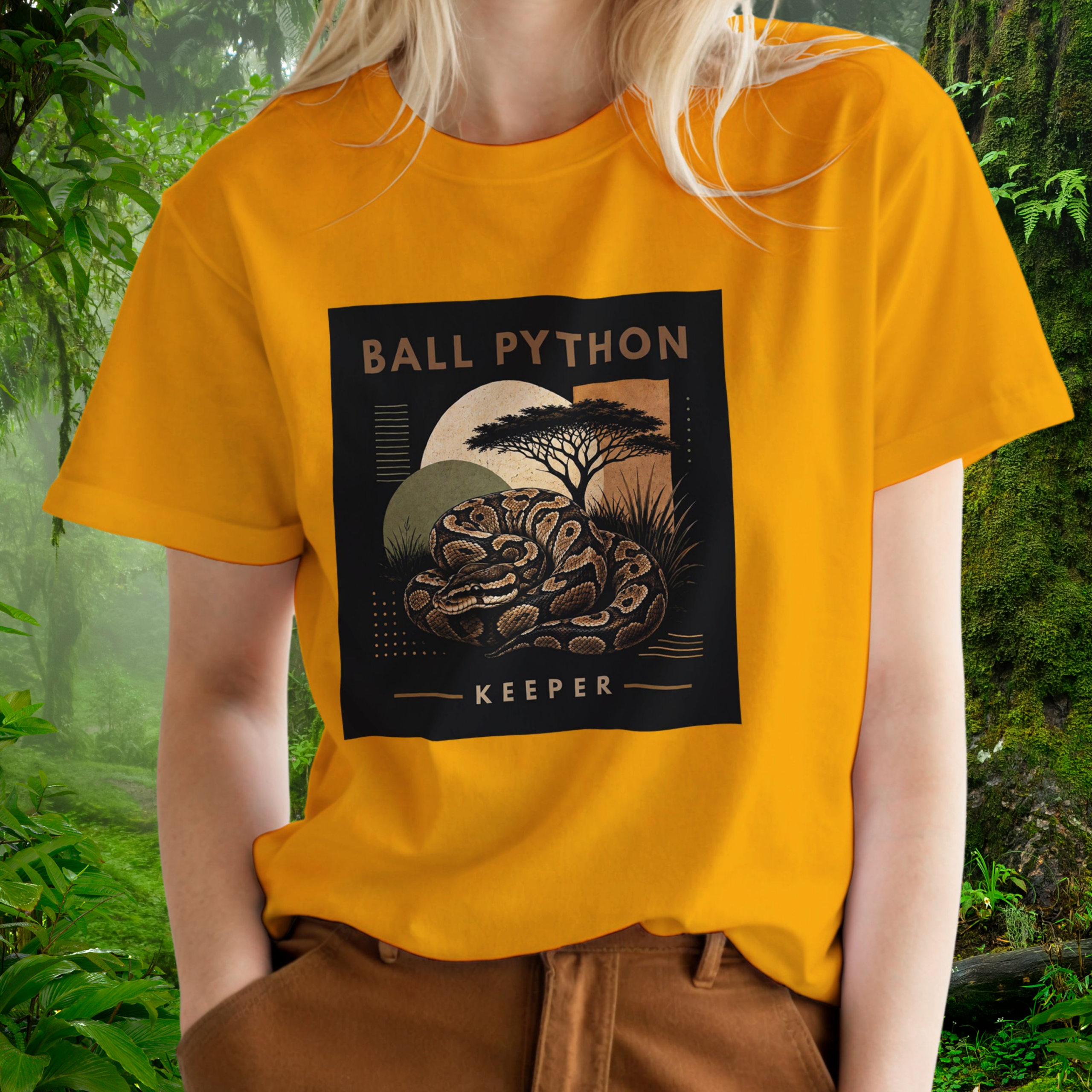 Woman wearing a gold Ball Python shirt from the Keeper Collection