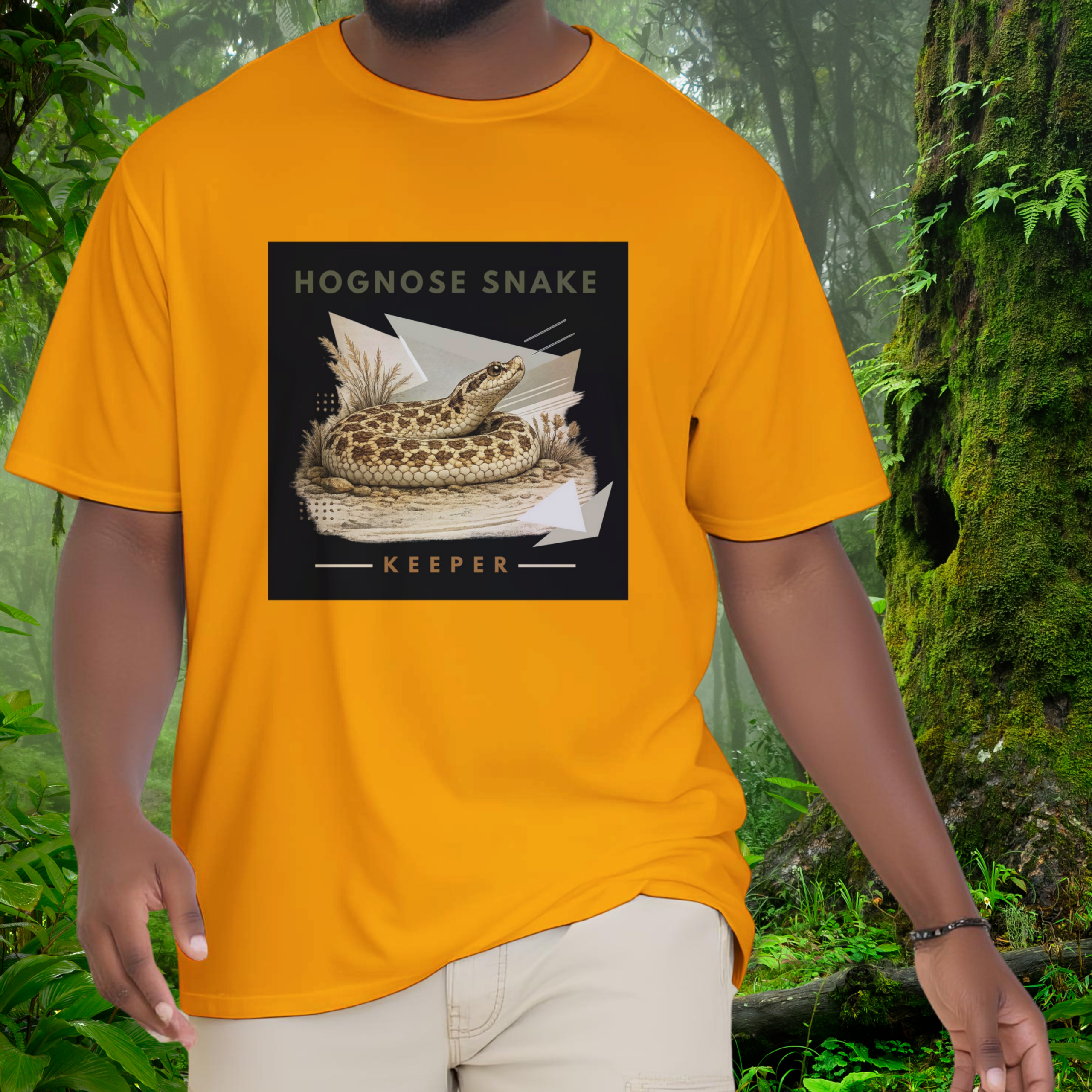 Man wearing a gold Hognose Snake shirt from the Keeper Collection