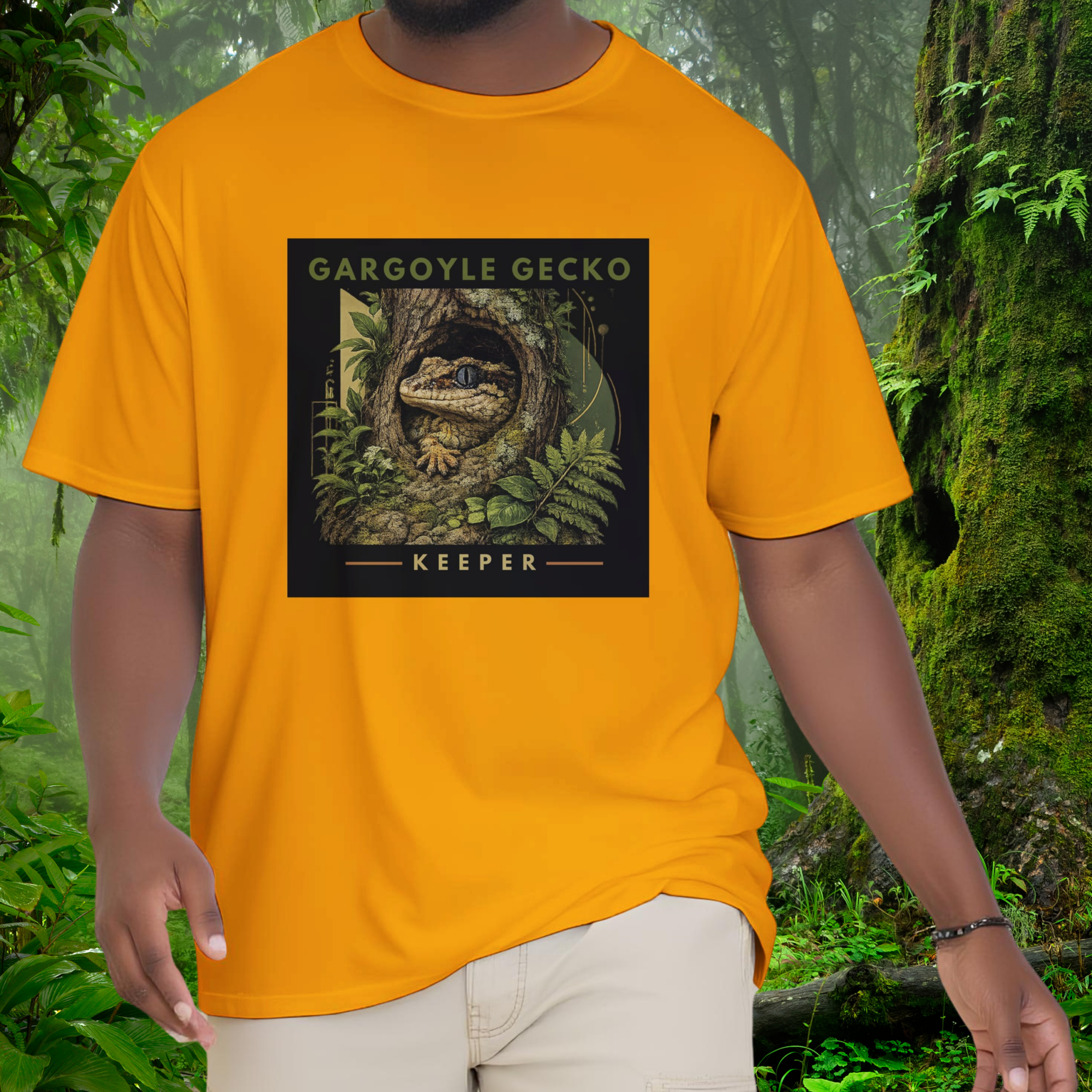 Man wearing a gold Gargoyle Gecko shirt from the Keeper Collection