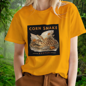 Keeper Collection – Corn Snake Shirt – Gold – Woman Woman wearing a gold Corn Snake shirt from the Keeper Collection