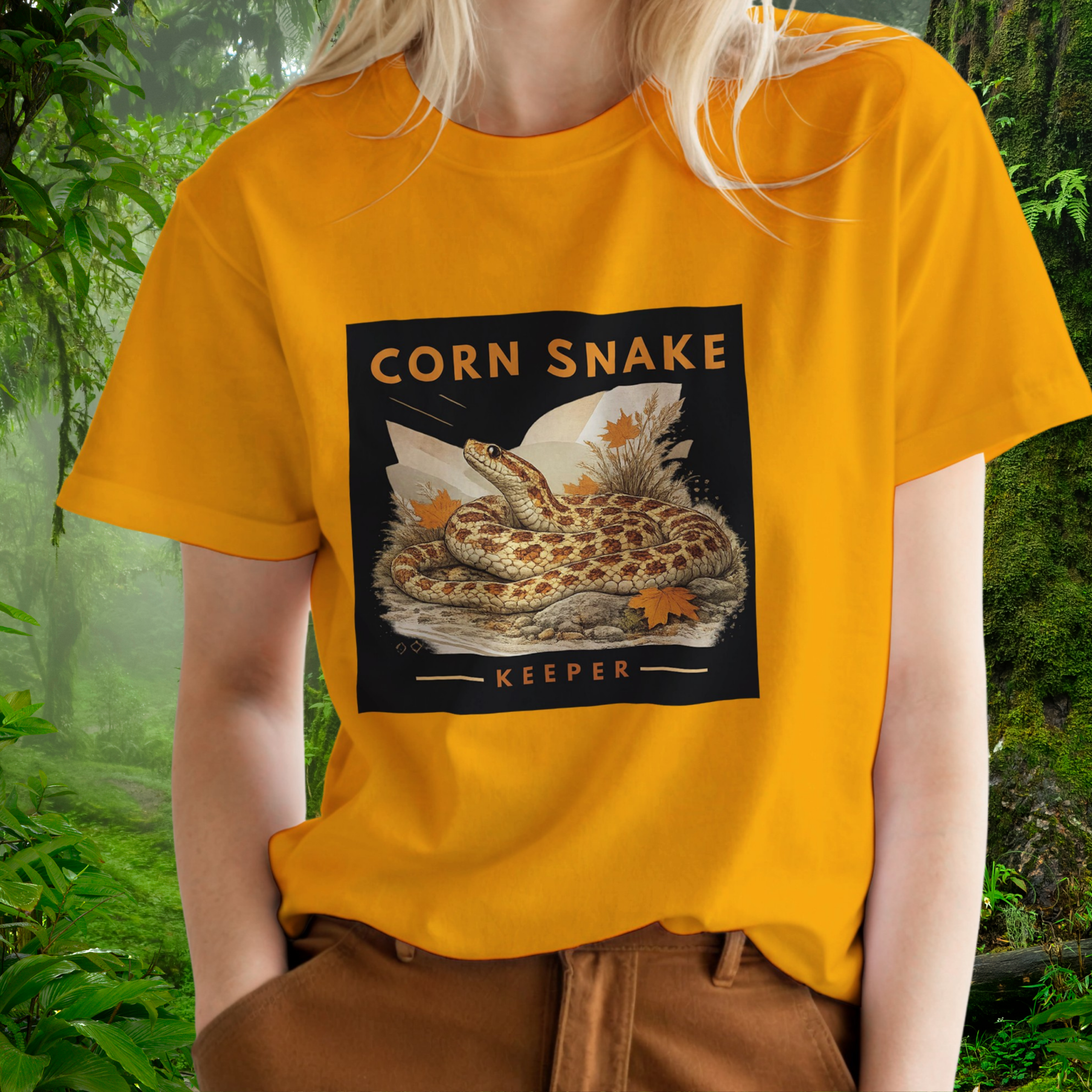 Woman wearing a gold Corn Snake shirt from the Keeper Collection