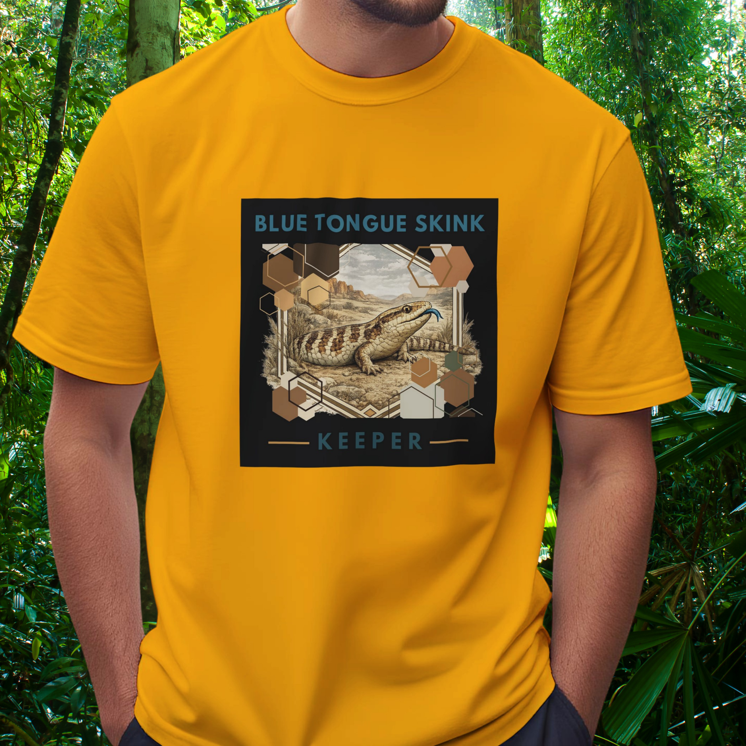 Man wearing a gold Blue Tongue Skink shirt from the Keeper Collection