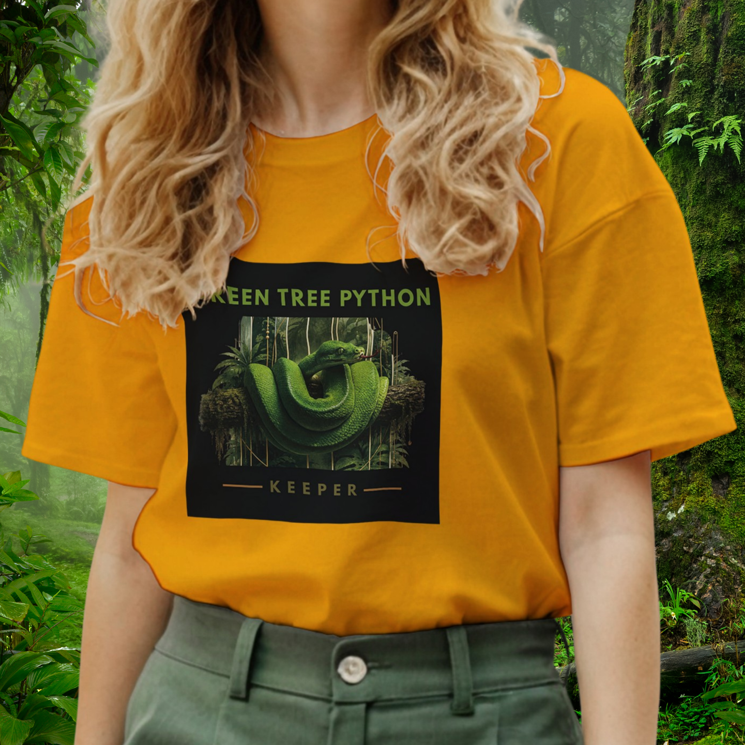 Woman wearing a gold Green Tree Python shirt from the Keeper Collection