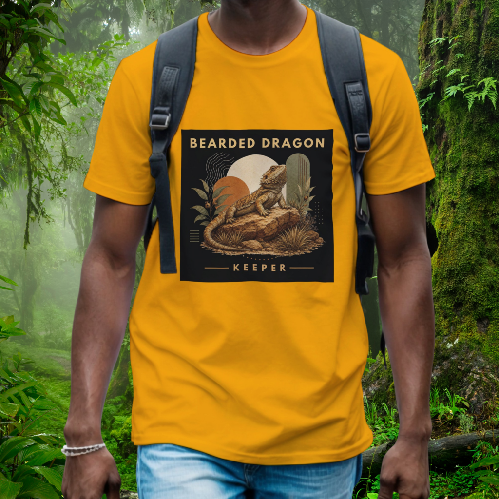 Man wearing a gold Bearded Dragon shirt from the Keeper Collection