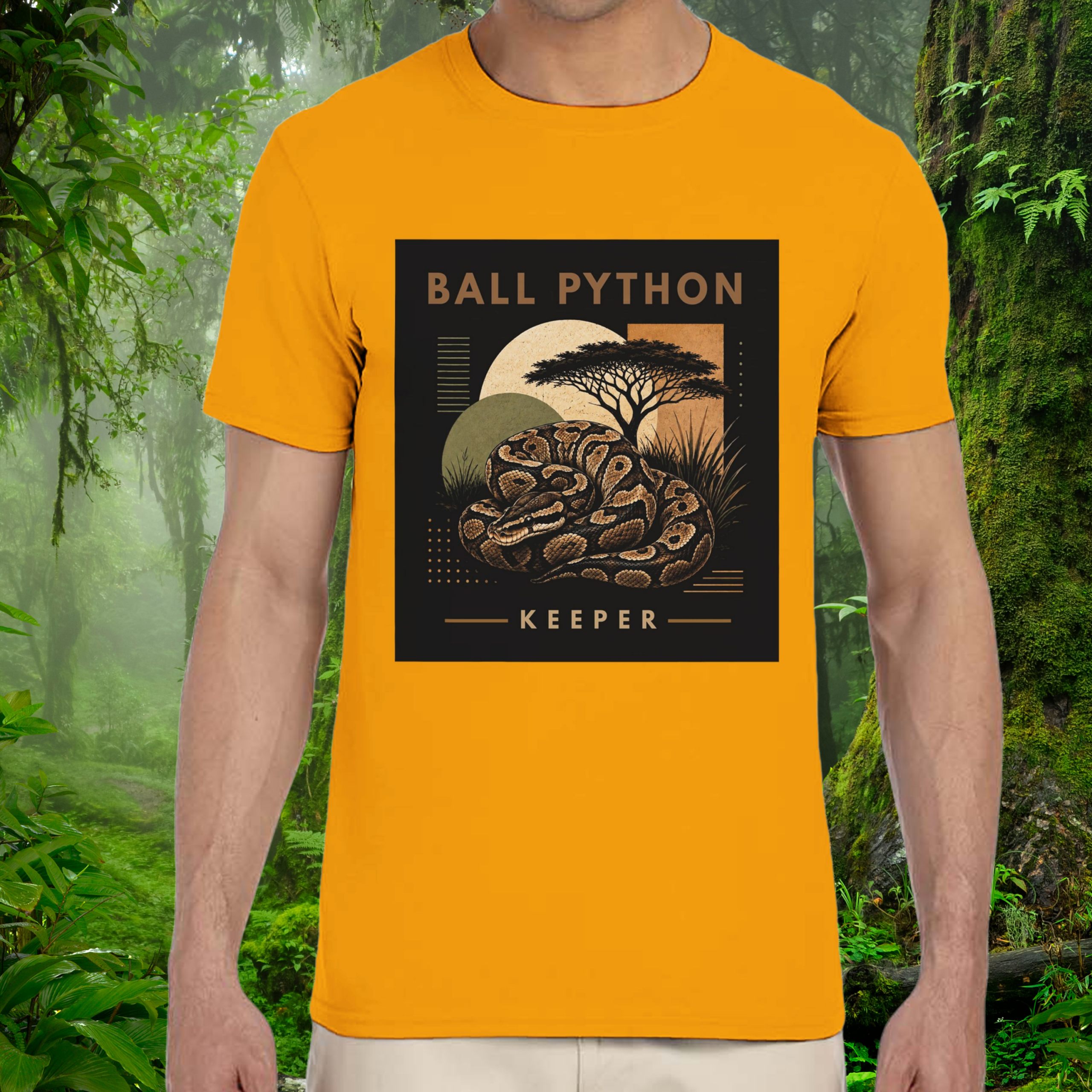 Man wearing a gold Ball Python shirt from the Keeper Collection