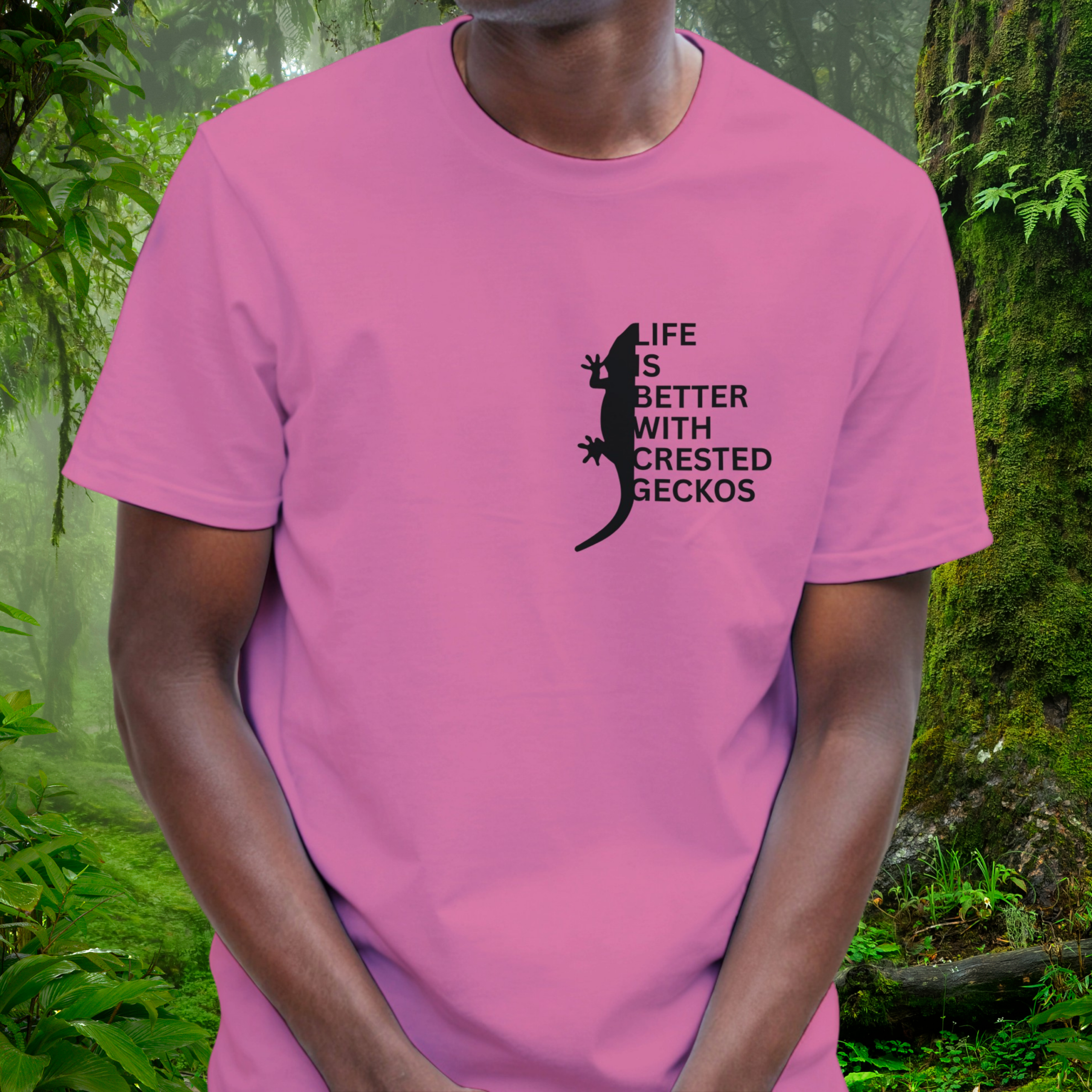 Man wearing an azalea Crested Gecko shirt from the Life is better Collection
