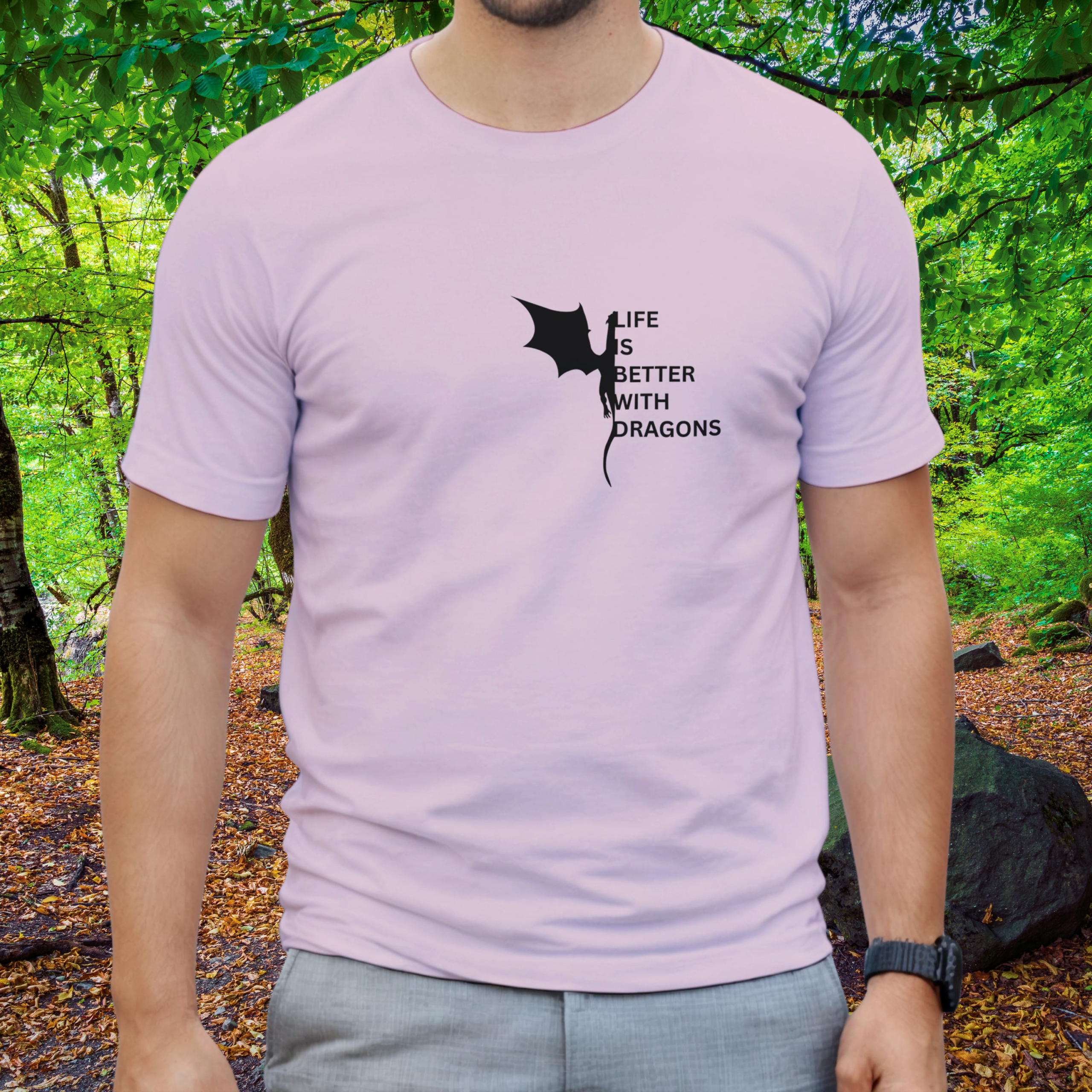 Man wearing a light pink Dragons shirt from the Life is better Collection