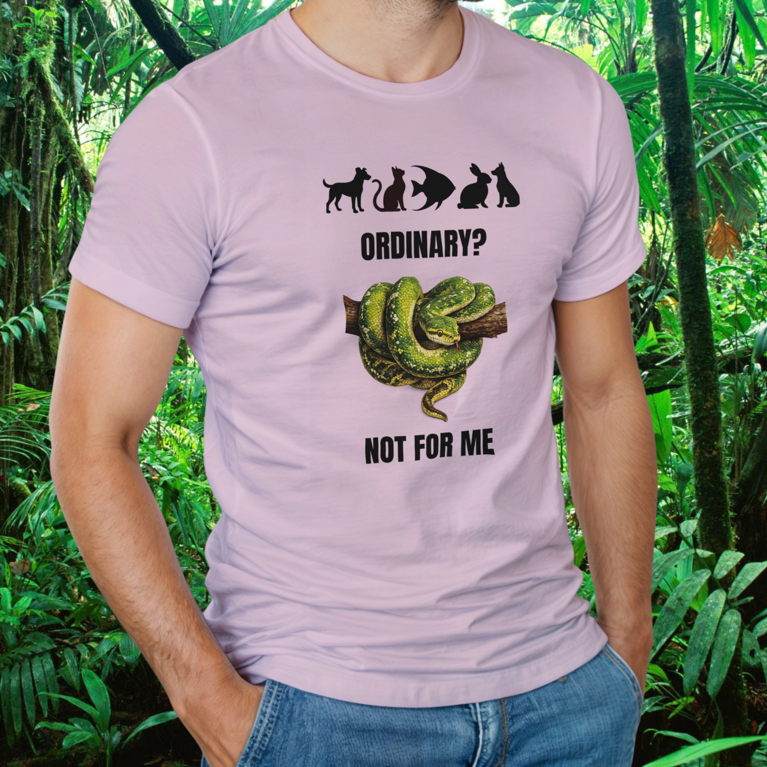 Man wearing a light pink snake shirt from the Be different Collection
