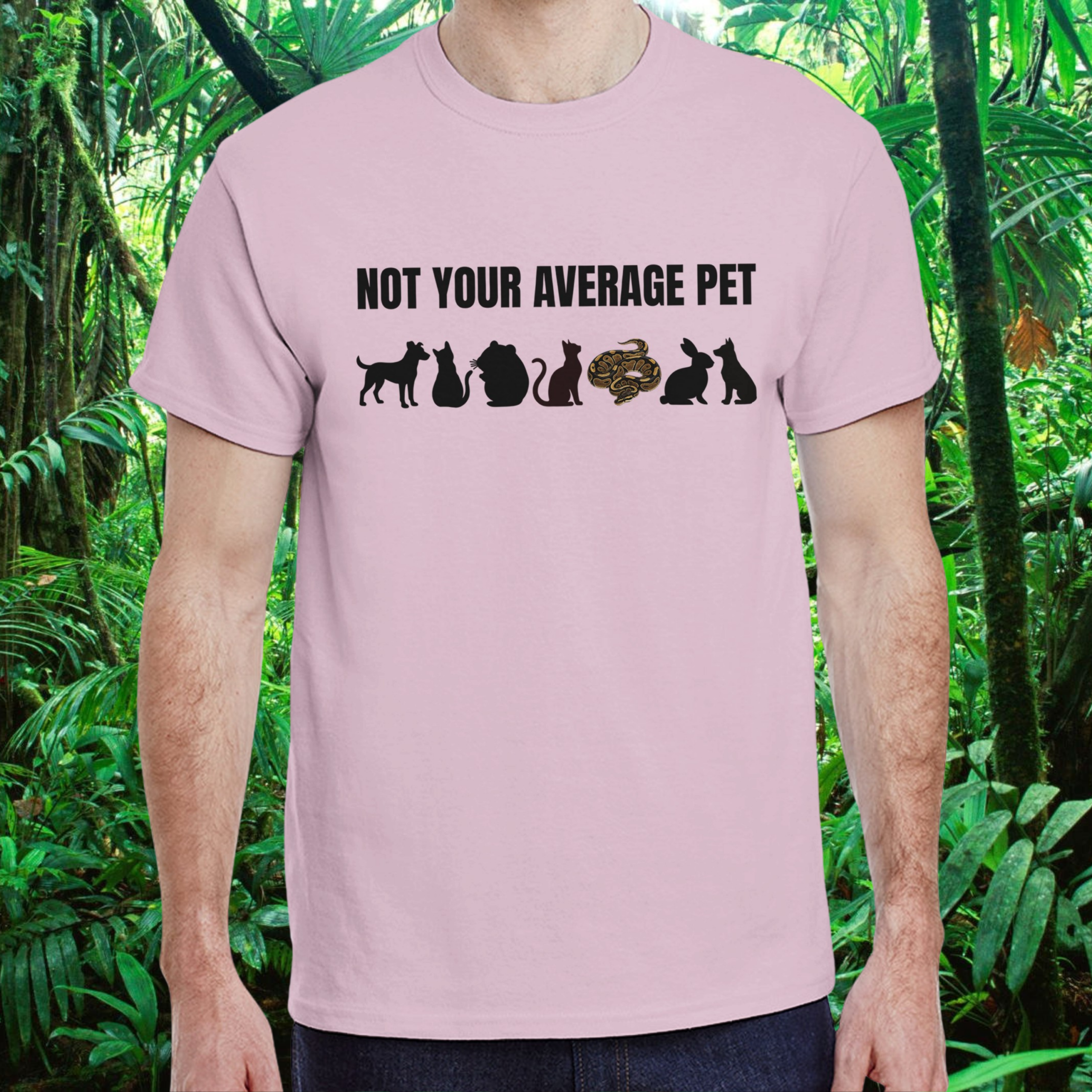 Man wearing a light pink Not Your Average Pet Ball Python shirt