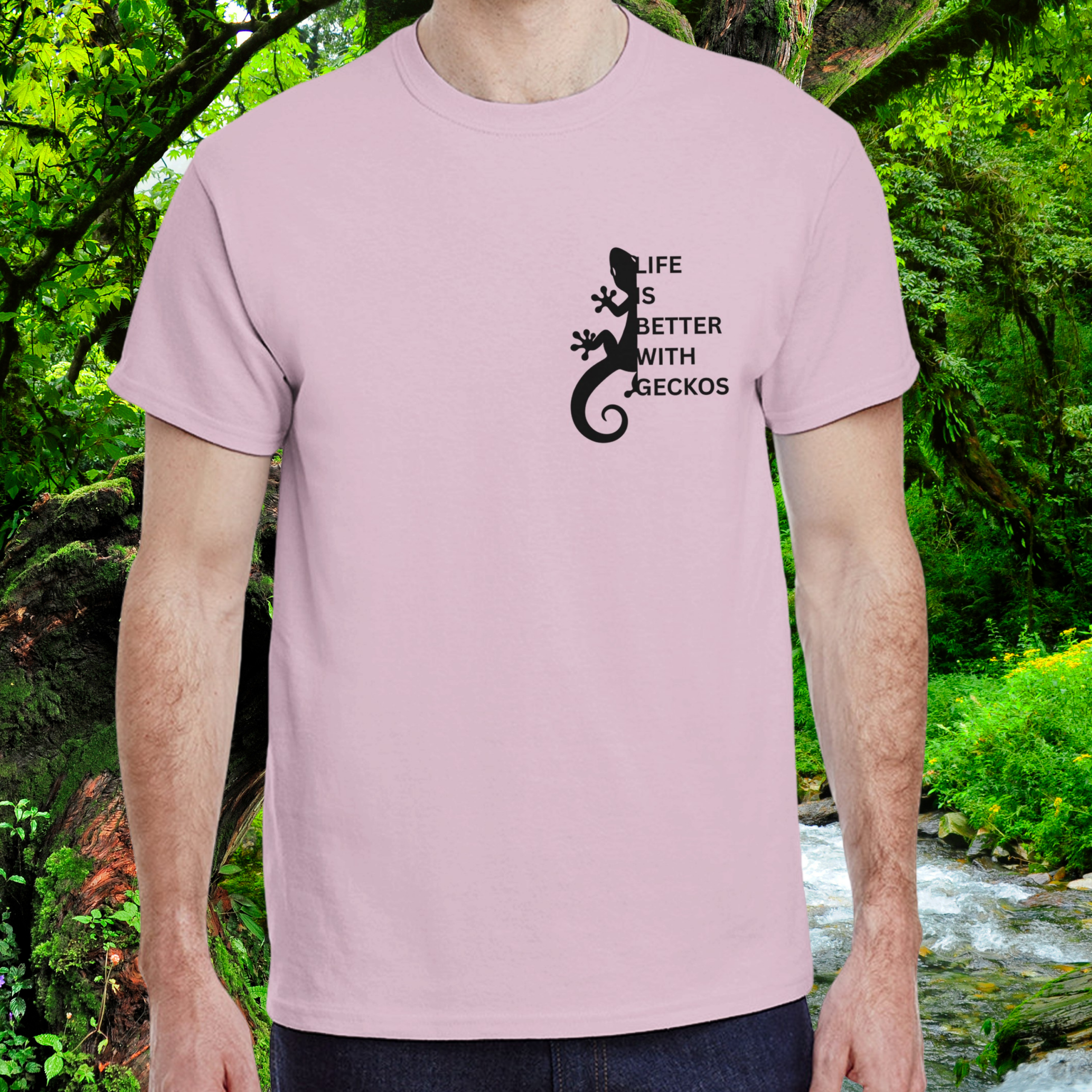 Man wearing a light pink Gecko shirt from the Life is better Collection